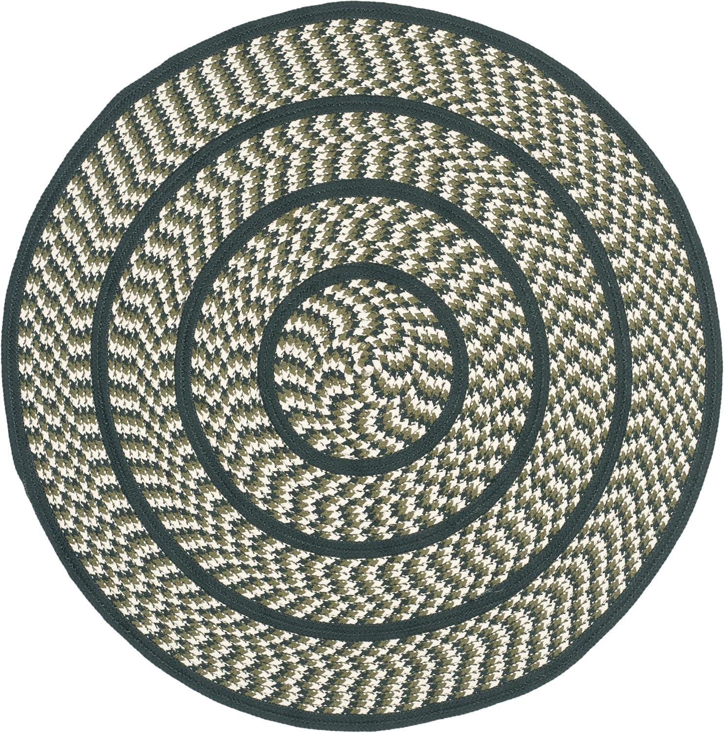 Ivory and Dark Green Braided 59'' Round Synthetic Area Rug