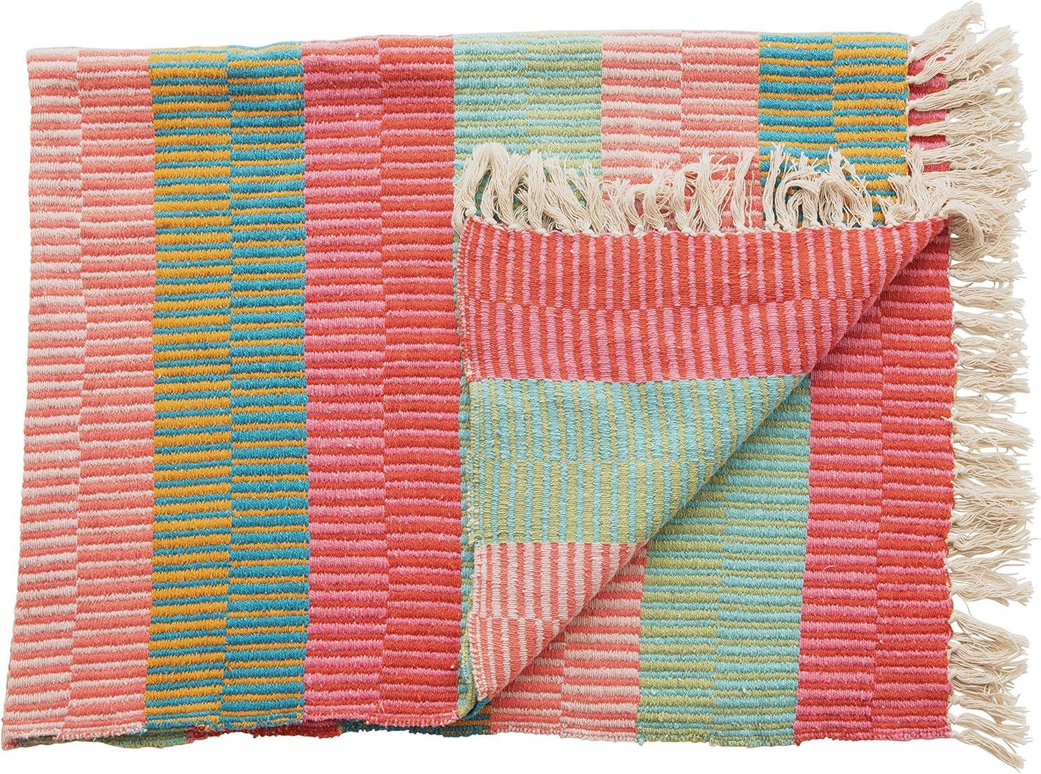 Creative Co-Op Soft Woven Reclaimed Cotton Blend Throw with Stripes and Fringe, Multicolor