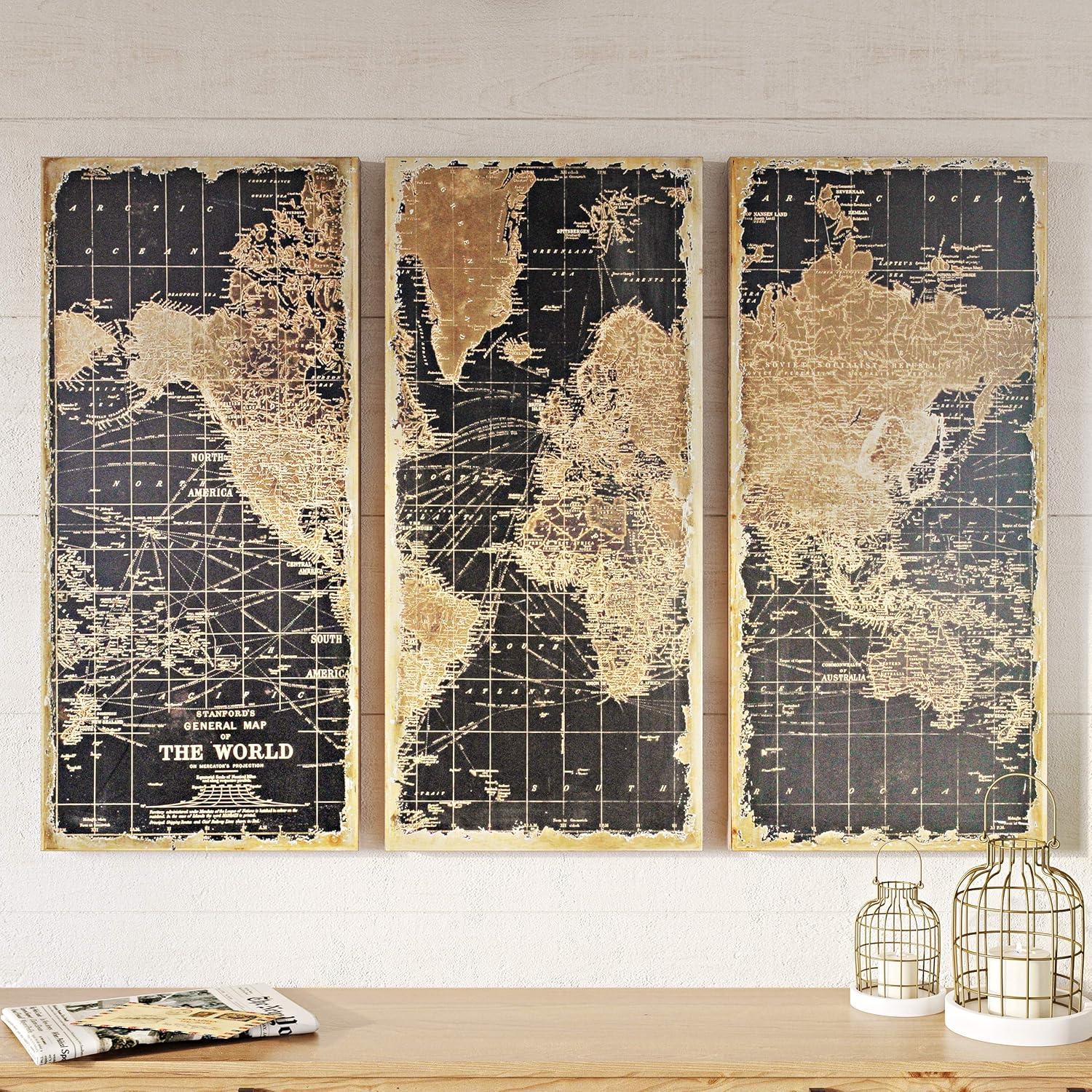 Aspire Home Accents Wood Maps Art Print, Set of 3 - 48"x22"