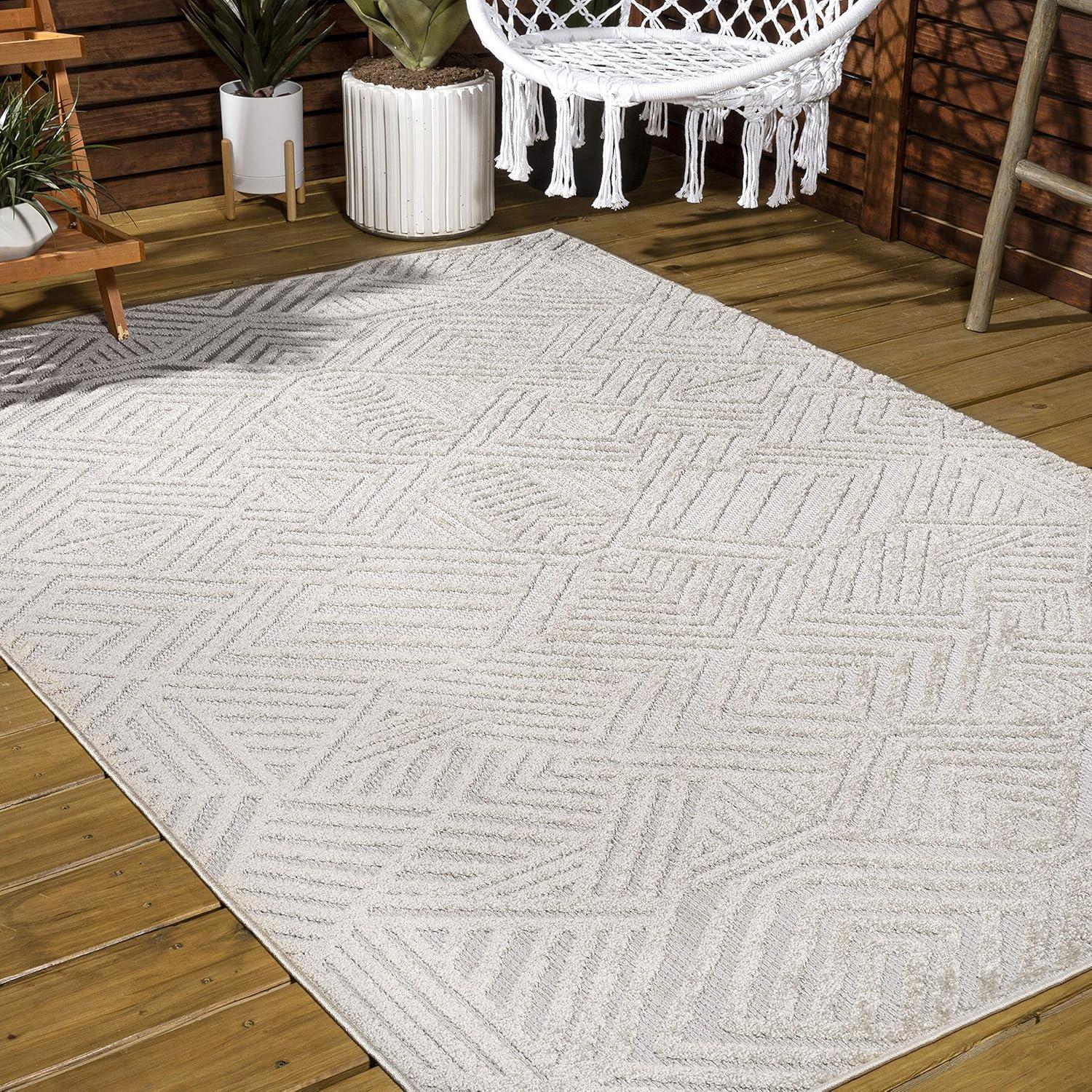 5'x8' Jordan High-Low Pile Art Deco Geometric Indoor/Outdoor Area Rug, Beige - JONATHAN Y