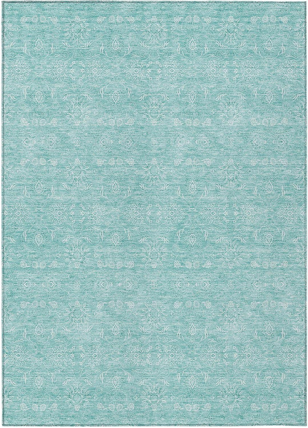 Aqua Floral Synthetic 8' x 10' Washable Area Rug