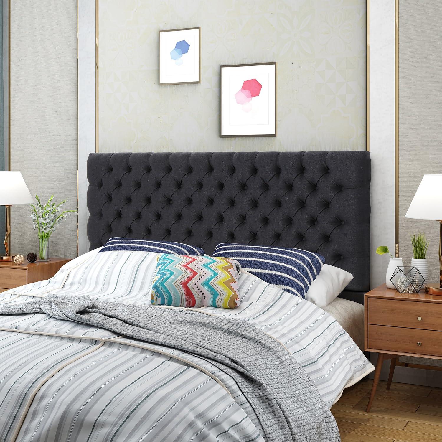 GDFStudio Brunet Contemporary Tufted Adjustable Upholstered Queen Headboard, Dark Charcoal/Fabric
