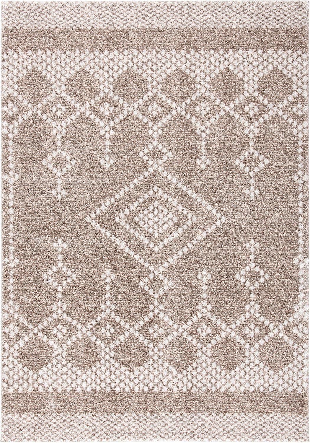 Ivory and Tan Geometric Square Synthetic Area Rug