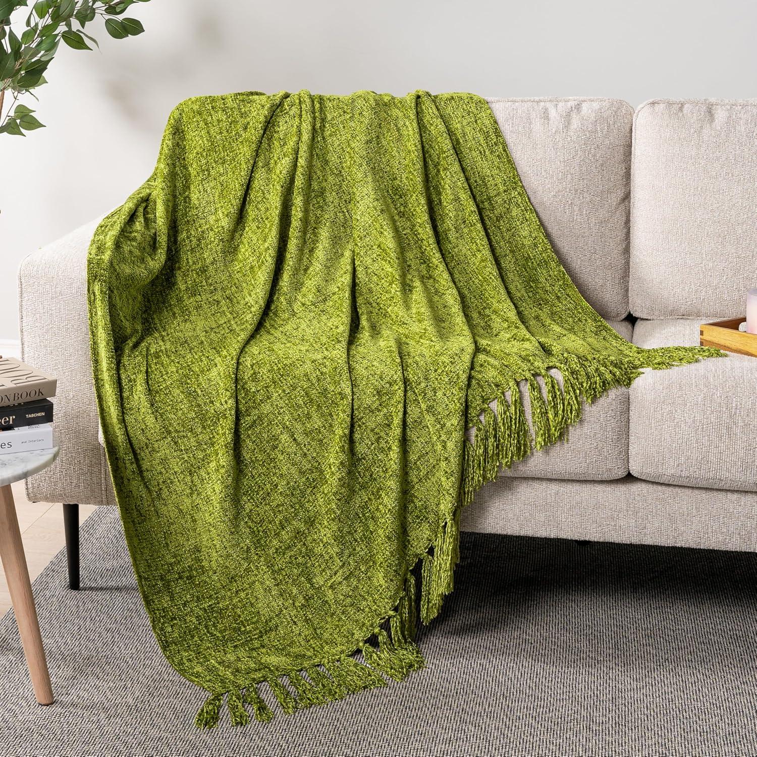 Olive Green Chenille Knit Throw Blanket with Tassel Fringe