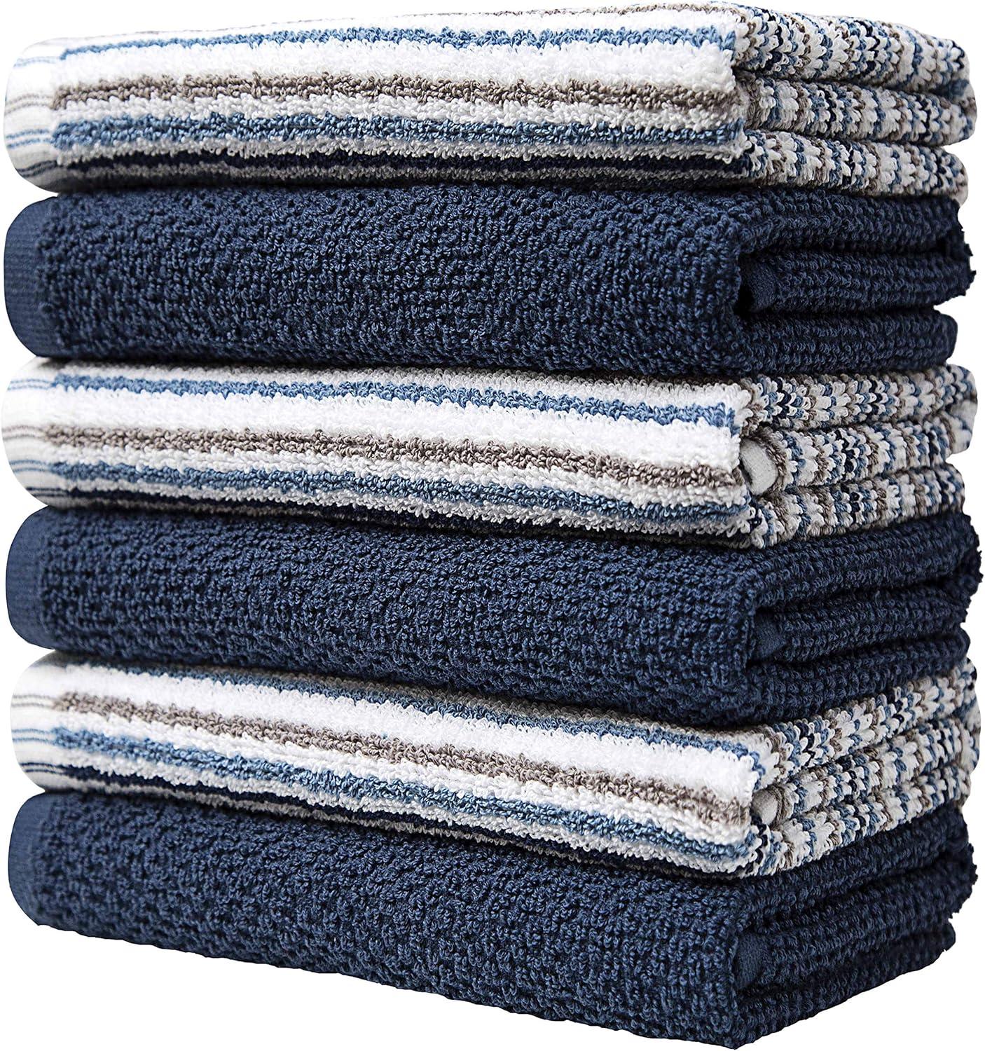 Premium Kitchen Towels (16?x 26?, 6 Pack) - Large Cotton Kitchen Hand Towels -Popcorn Stripe Design - 400 GSM Highly Absorbent Tea Towels Set with Hanging Loop - Blue