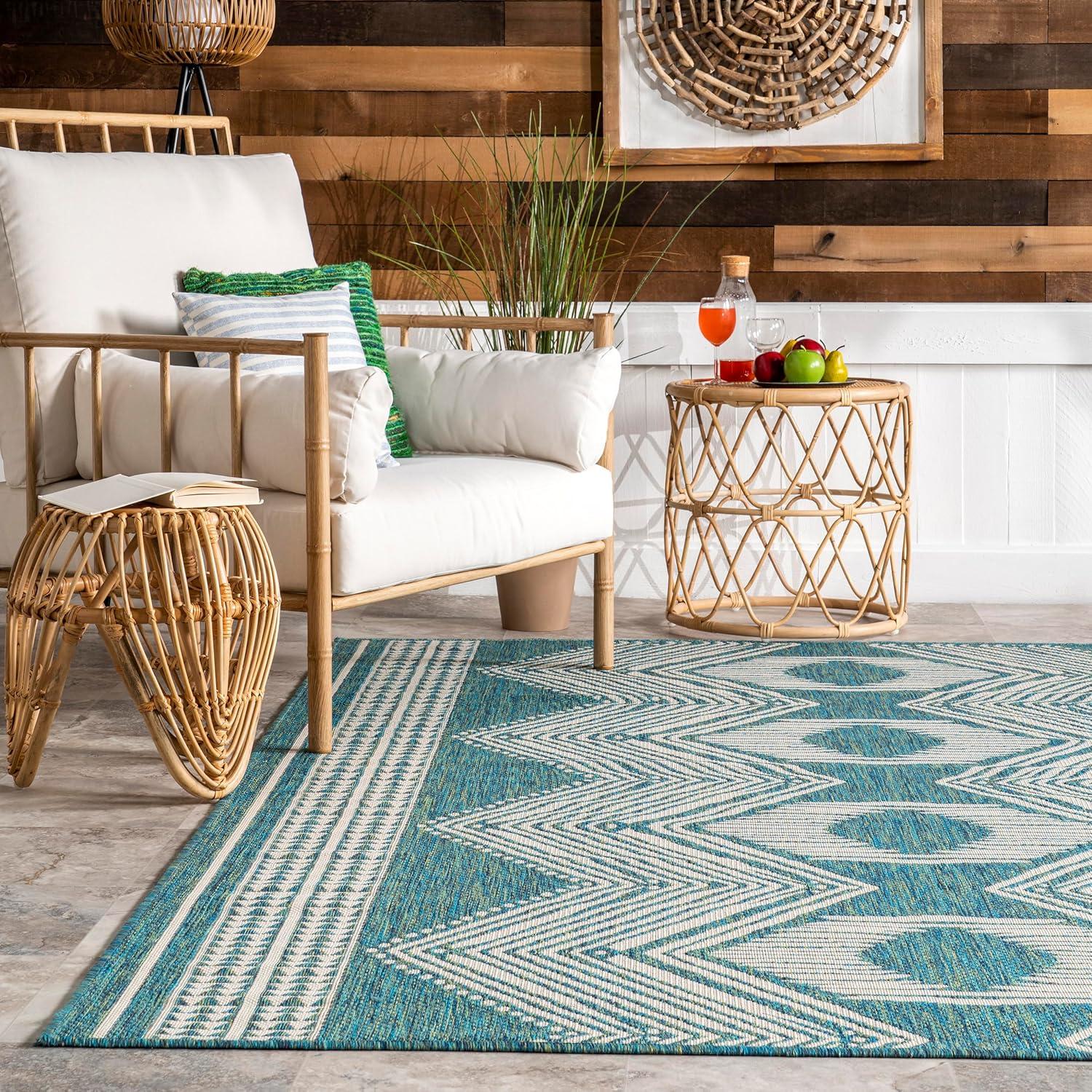 Nuloom 8x10 Outdoor/Indoor Ranya Bohmeian Area Rug, Teal, Geometric , Stain Resistant, Highly Durable, Patio, Balcony, BedroomLiving Room, Kitchen