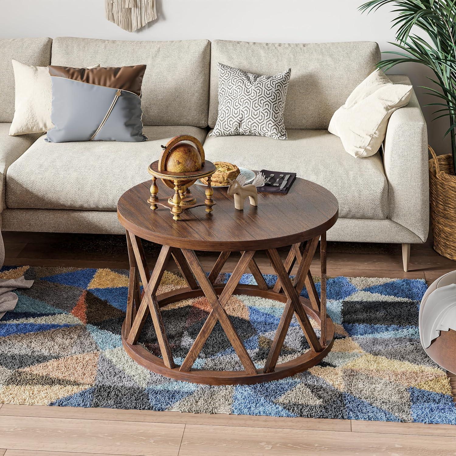 COZAYH Farmhouse Coffee Table, Rustic Round Coffee Table with X-Motifs Legs, Wood Textured Top, for Boho, French Country Decor, Brown