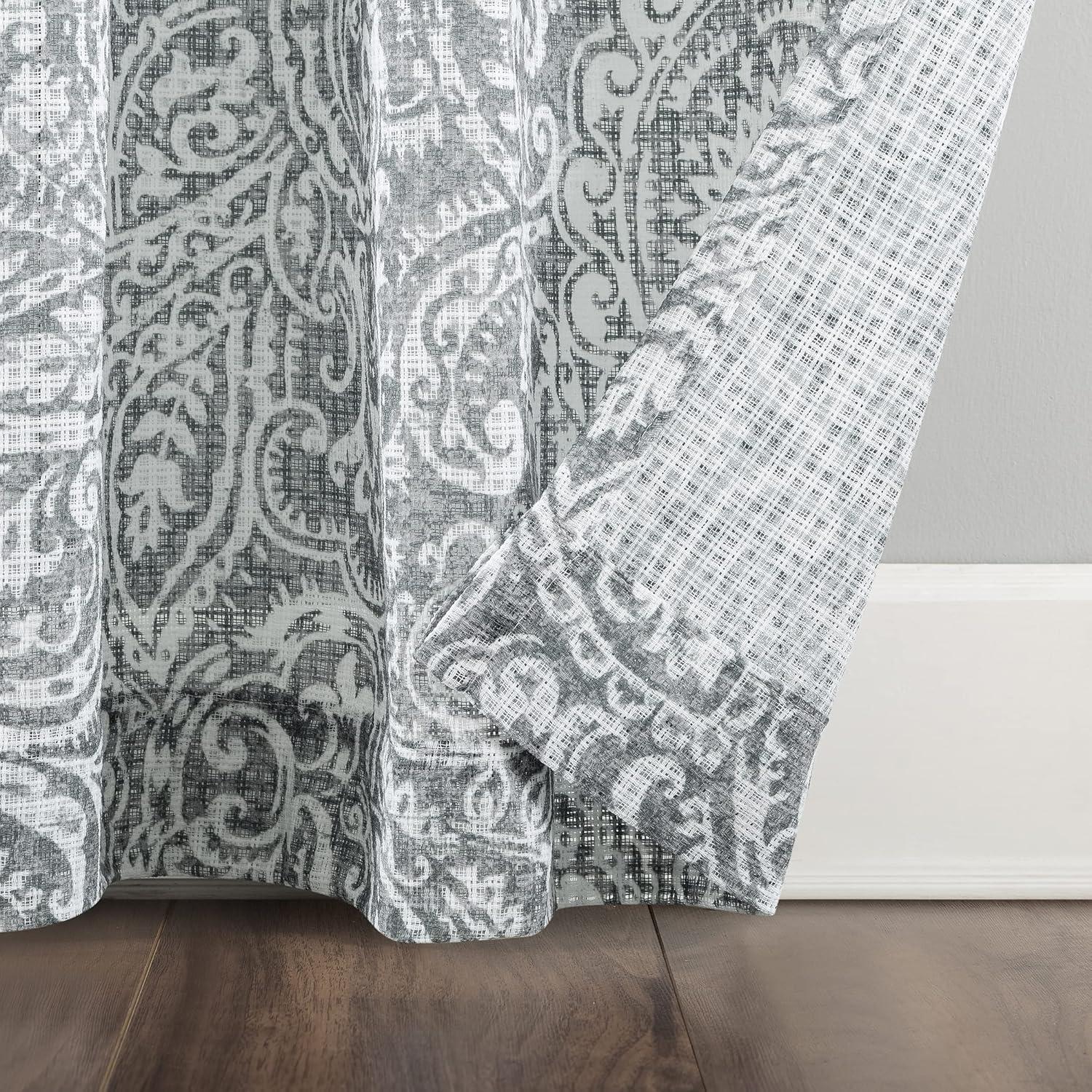 Gray Paisley Waffle Weave Cotton Blend Sheer Curtains, 50" x 84"