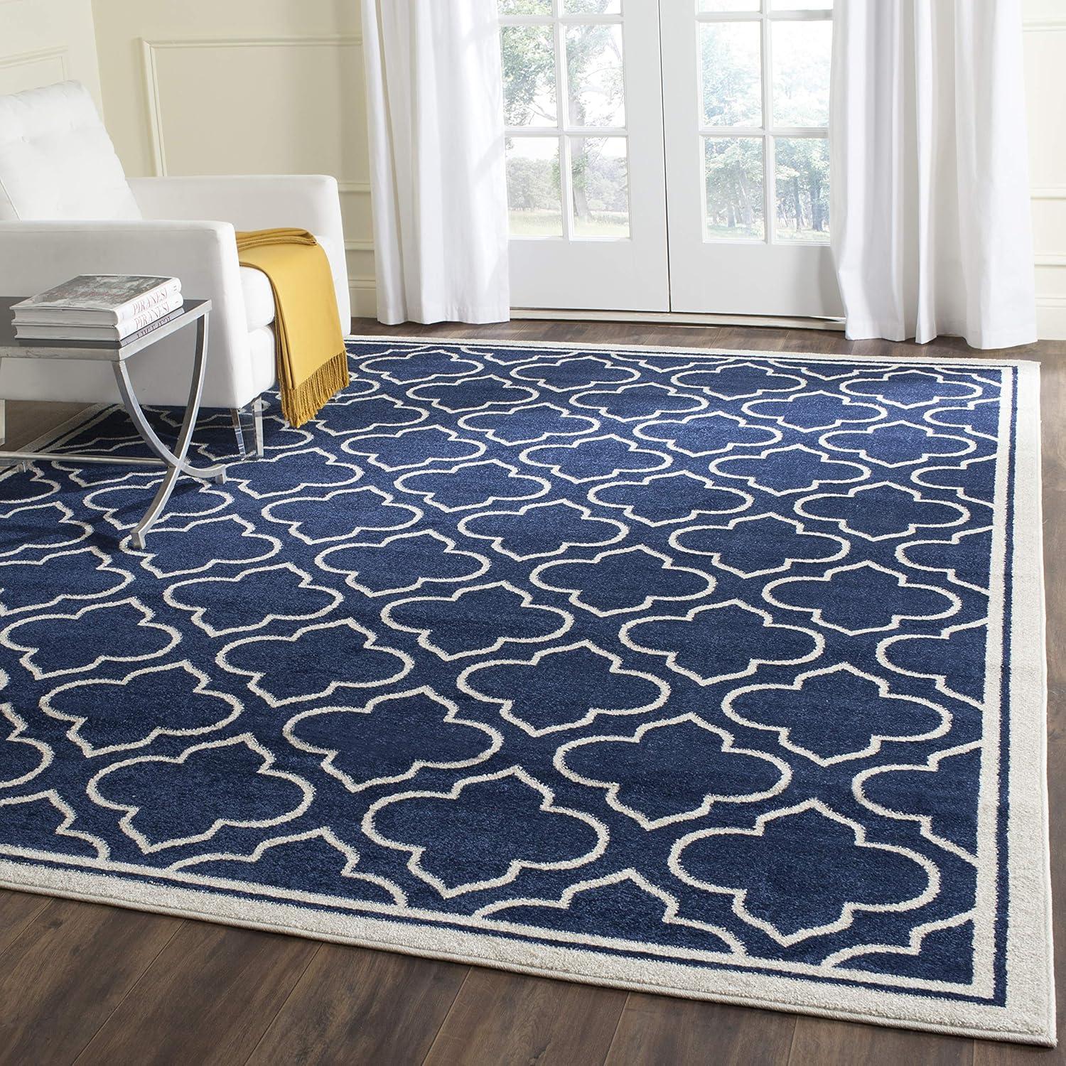 Navy & Ivory Reversible Washable Synthetic Area Rug 5' x 8'