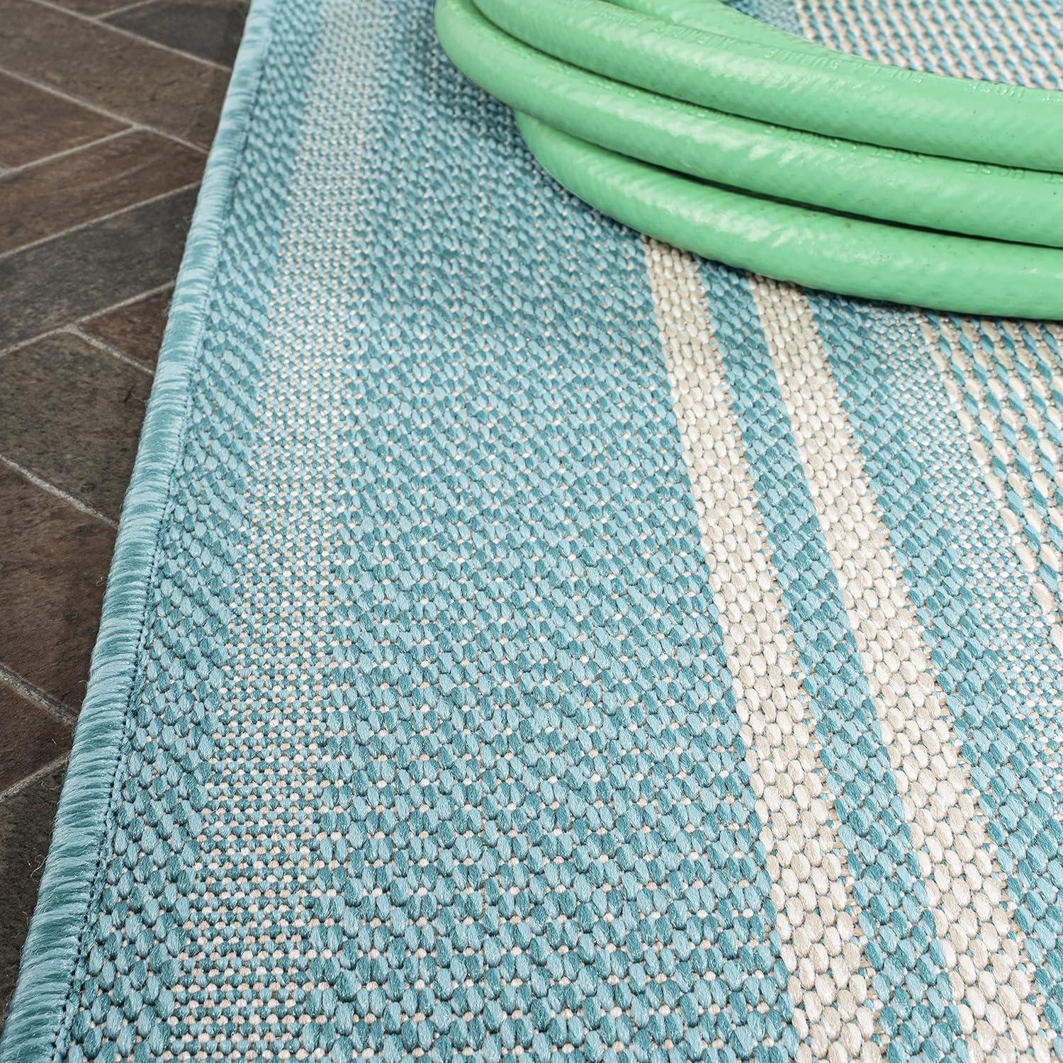 3' x 5' Haynes Modern Double Stripe Indoor/Outdoor Area Rug, Aqua/Beige - JONATHAN Y
