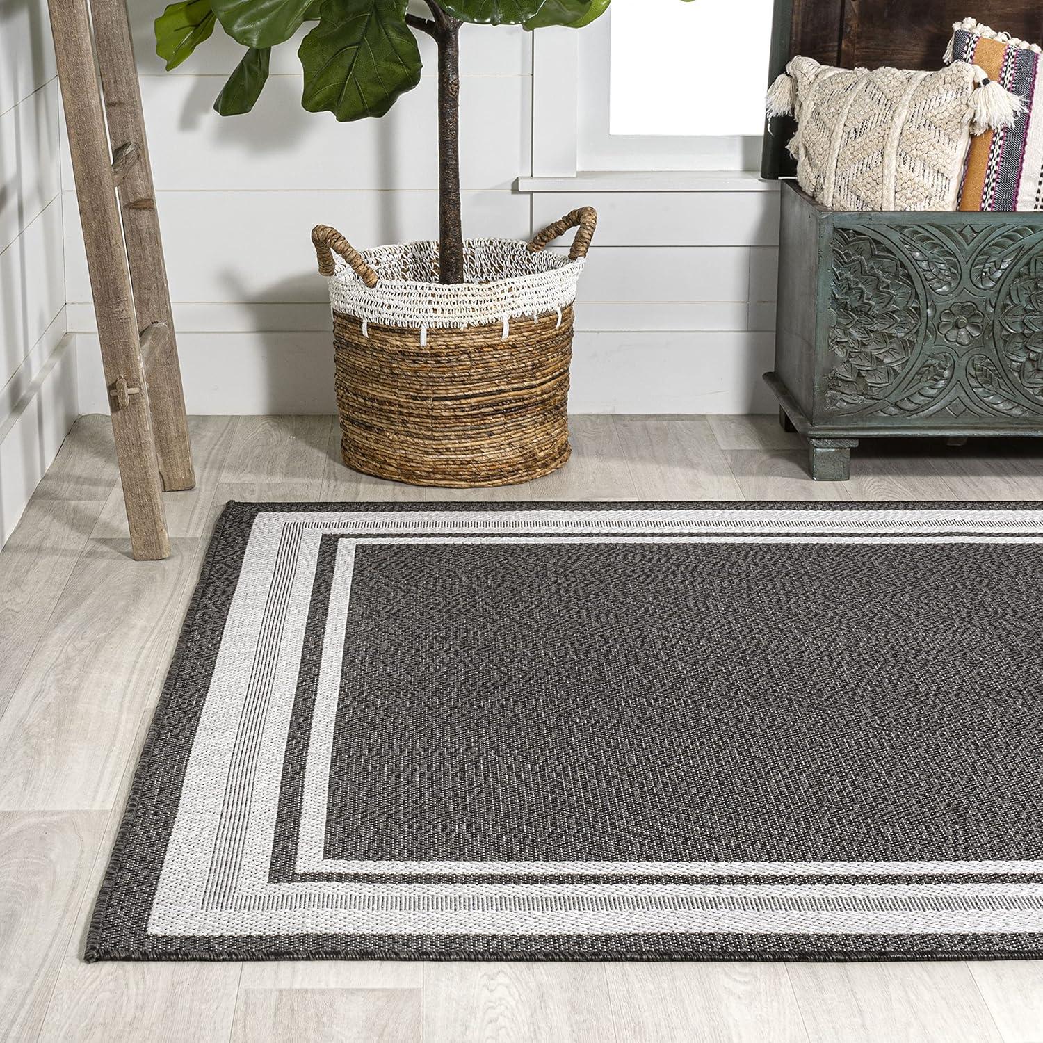 5' x 8' James Modern Border Stripe Indoor/Outdoor Area Rug, Black/Cream - JONATHAN Y