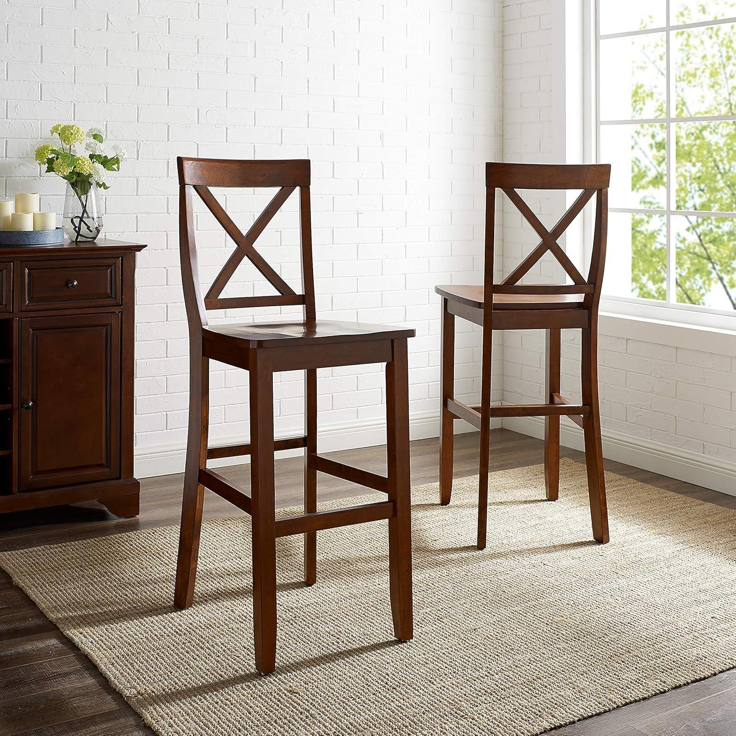 Crosley Set of 2 30" X-Back Barstools Mahogany: Traditional Farmhouse Design, Rubberwood Frame, Footrest