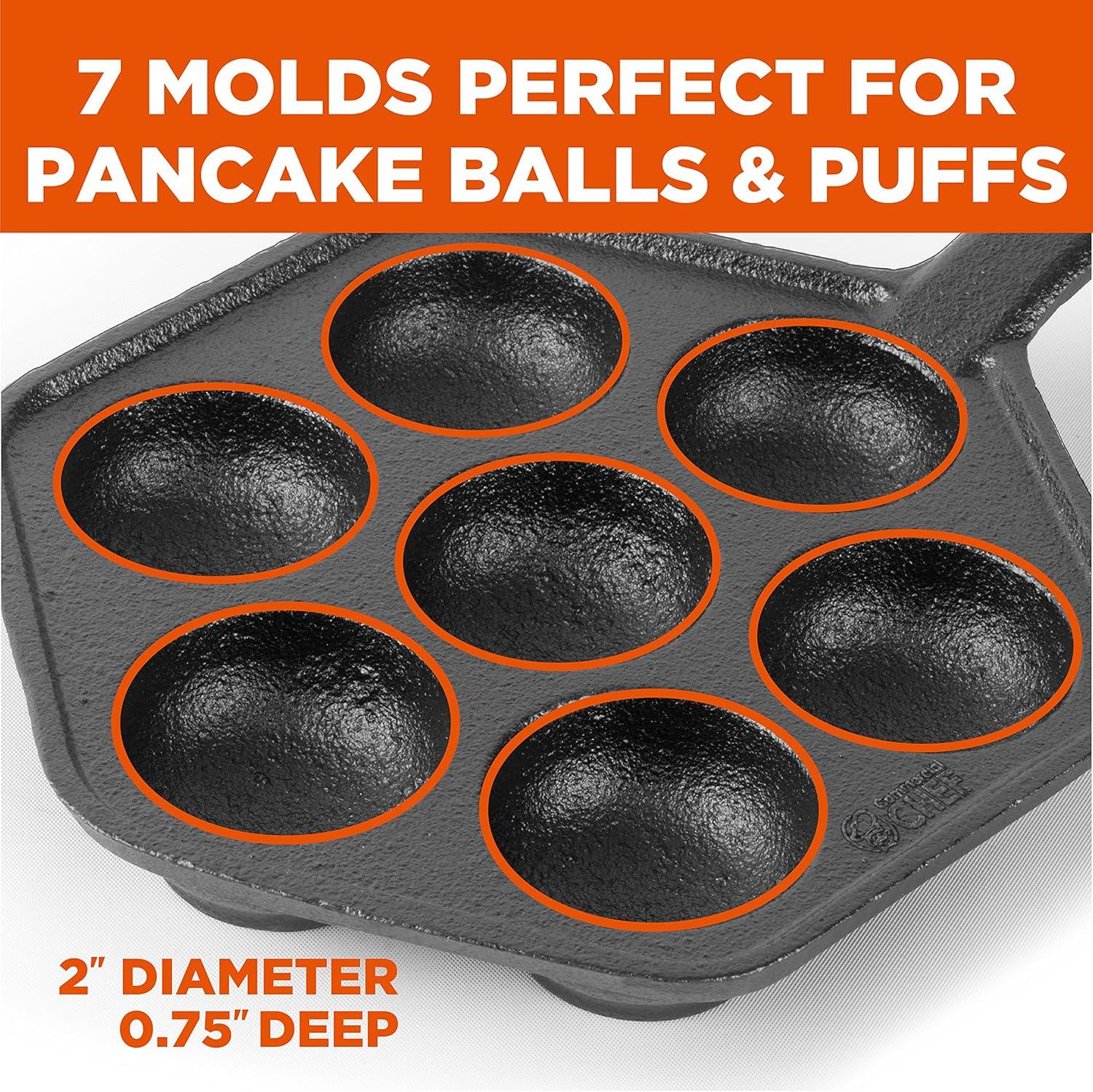 Commercial Chef Cast Iron Danish Aebleskiver Pan, Makes 7 Pancake Balls