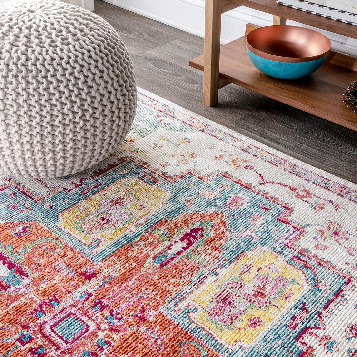 JONATHAN Y CAV100A-4 Zafra Vintage Medallion Indoor Area-Rug Bohemian Floral Rustic Easy-Cleaning High Traffic Bedroom Kitchen Living Room Non Shedding, 4 ft x 6 ft, Coral/Blue/Multi