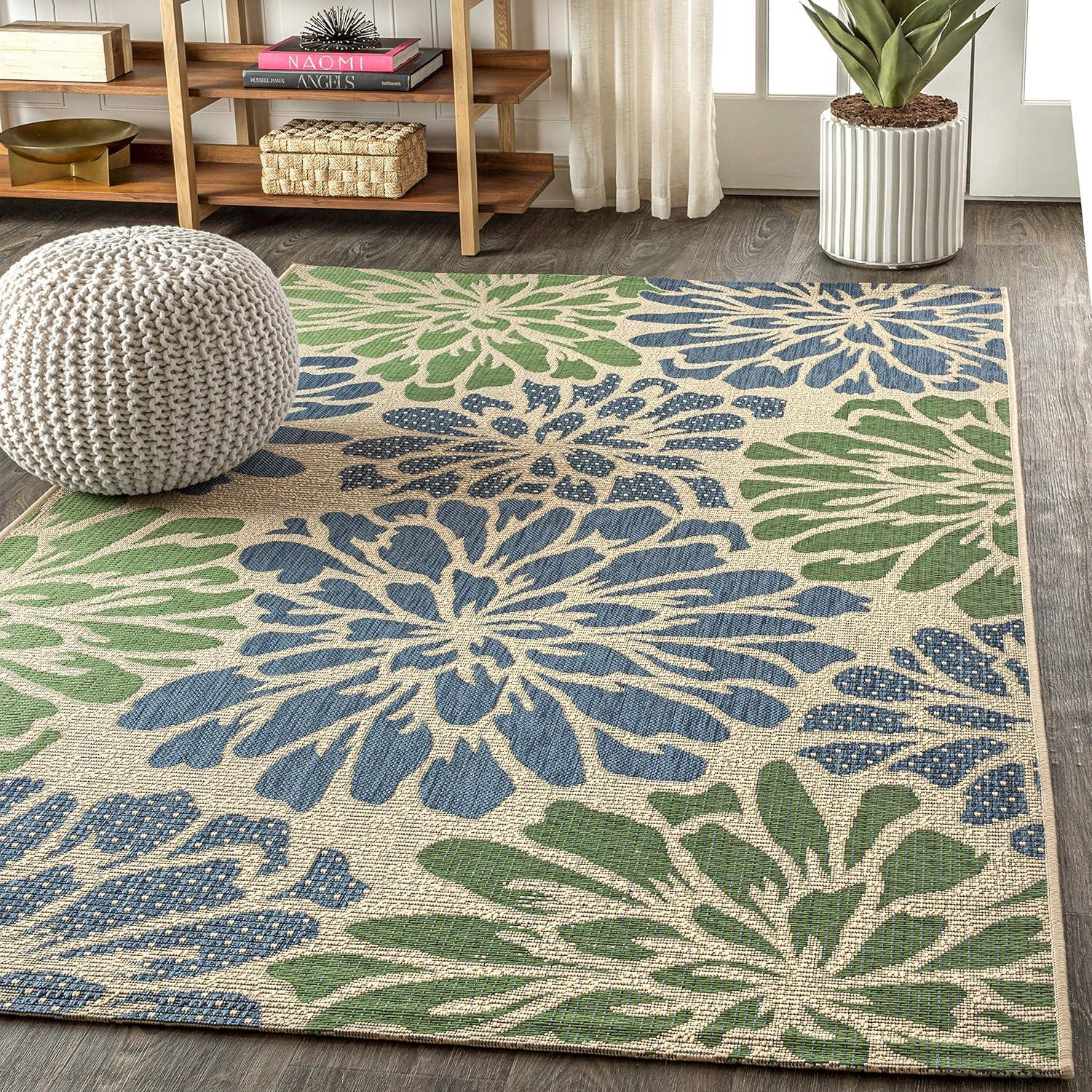 9' X 12' Zinnia Modern Floral Textured Weave Indoor/Outdoor Area Rug, Navy/Green - JONATHAN Y