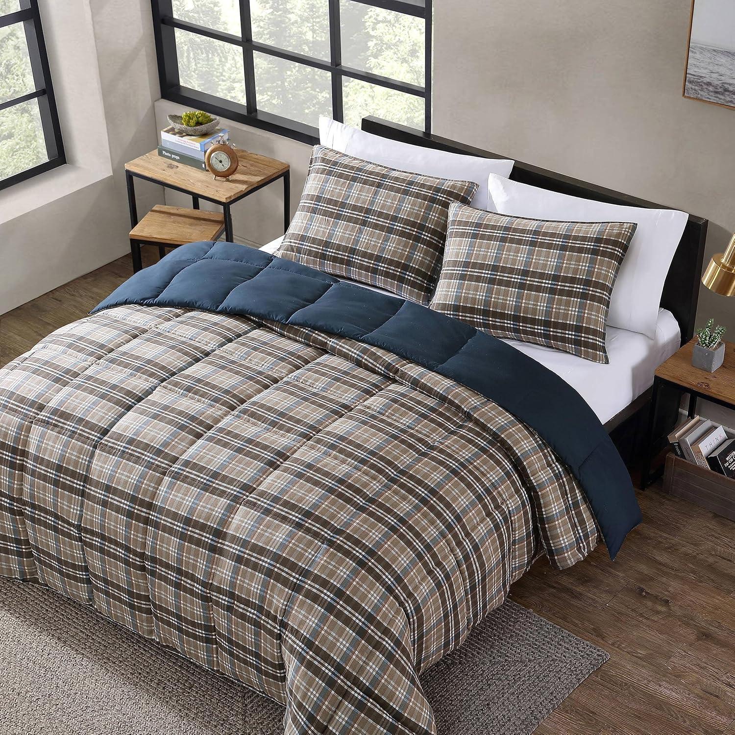 Eddie Bauer Rugged Plaid Brown Microsuede Reversible Duvet Cover Set