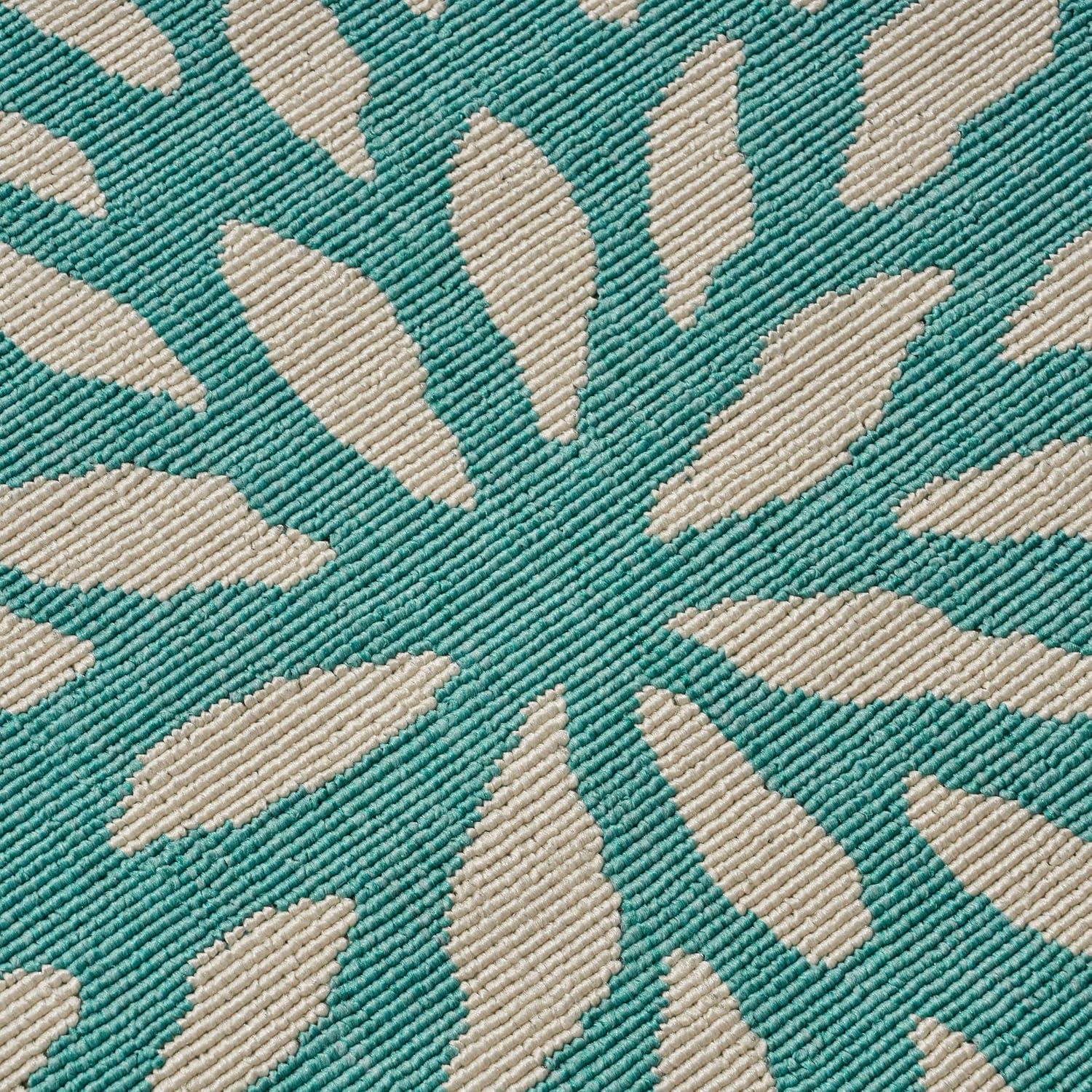 Ivory and Blue Floral Rectangular Stain-Resistant Outdoor Rug