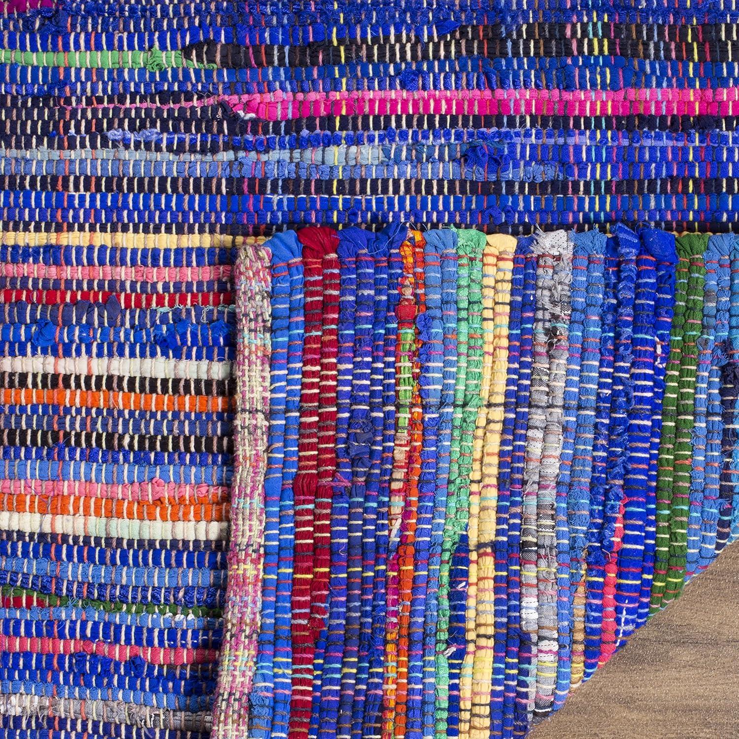 Handmade Boho Stripe Cotton Area Rug 8' x 10' in Blue/Multi