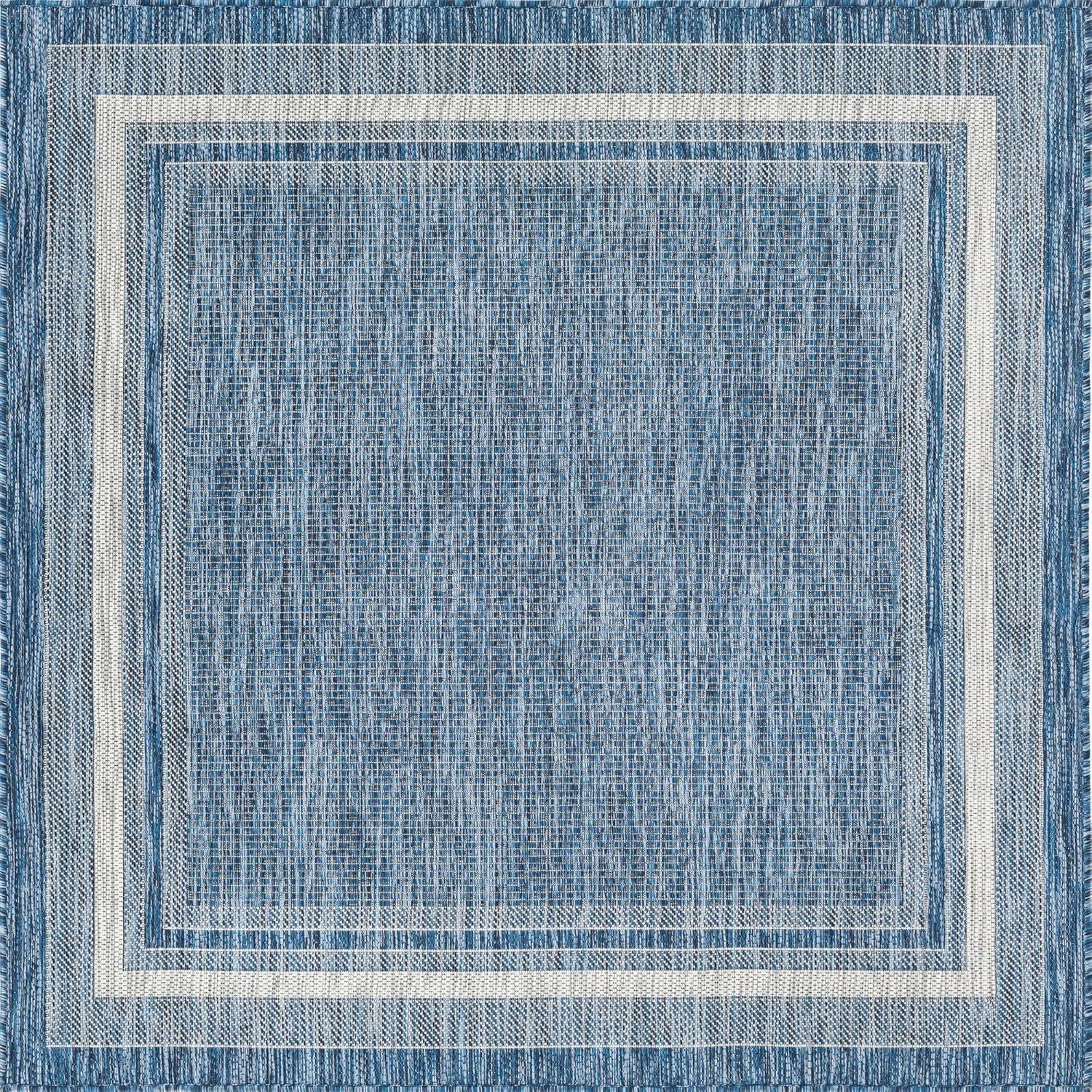 Blue and Ivory Square Outdoor Synthetic Rug