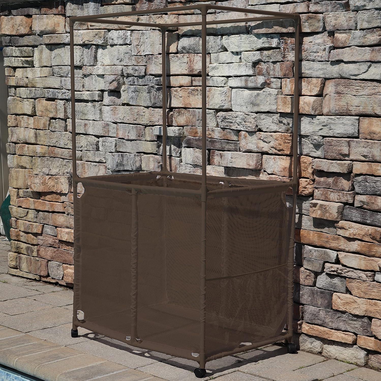 Essentially Yours Pool Equipment Holder with Towel Drying Bars, Mesh Rolling Double Decker Multi Use Storage Organizer Bin, Extra Large with Towel Hanger, (34.5" W x 25" L x 62.6" H), Brown Style 4185