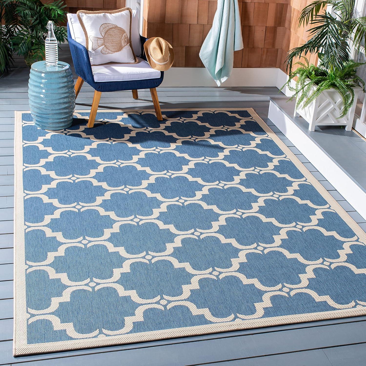SAFAVIEH Courtyard Estelle Geometric Indoor/Outdoor Area Rug, Blue/Beige, 8' x 11'