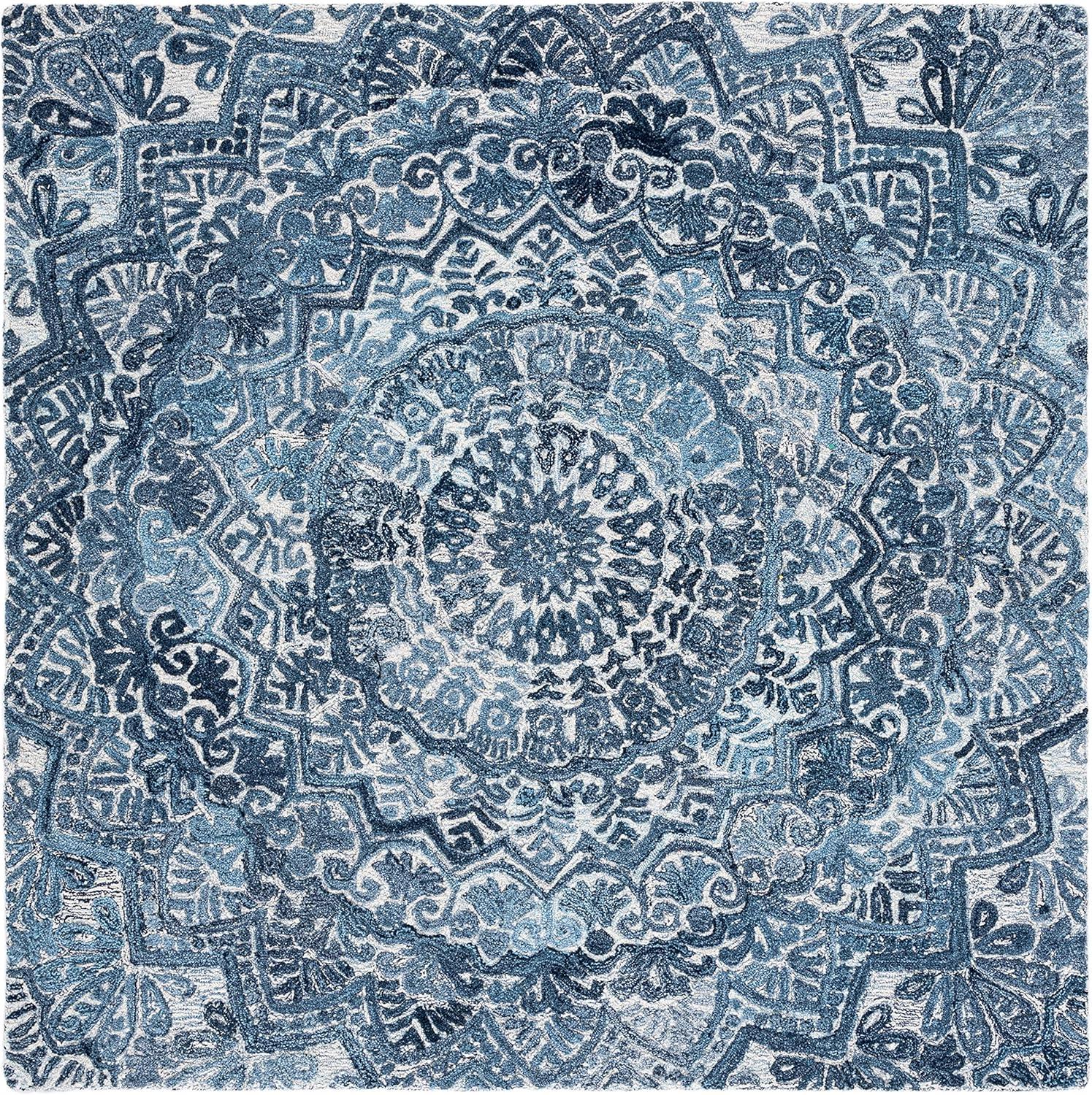 Hand-Tufted Wool Square Rug in Soft Blue and Grey Tones