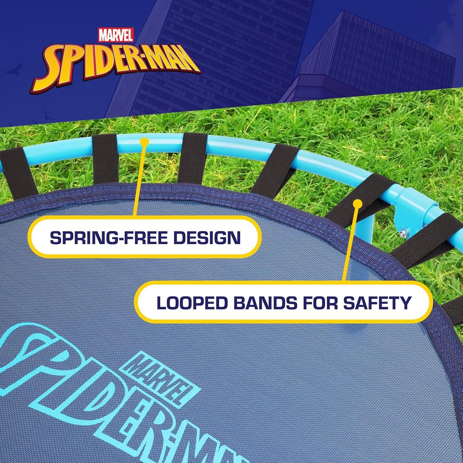 Marvel Spider-Man Trampoline for Kids, Indoor Mini Toddler Trampoline with Foam Handle Bar, Round Jumping Mat, Blue