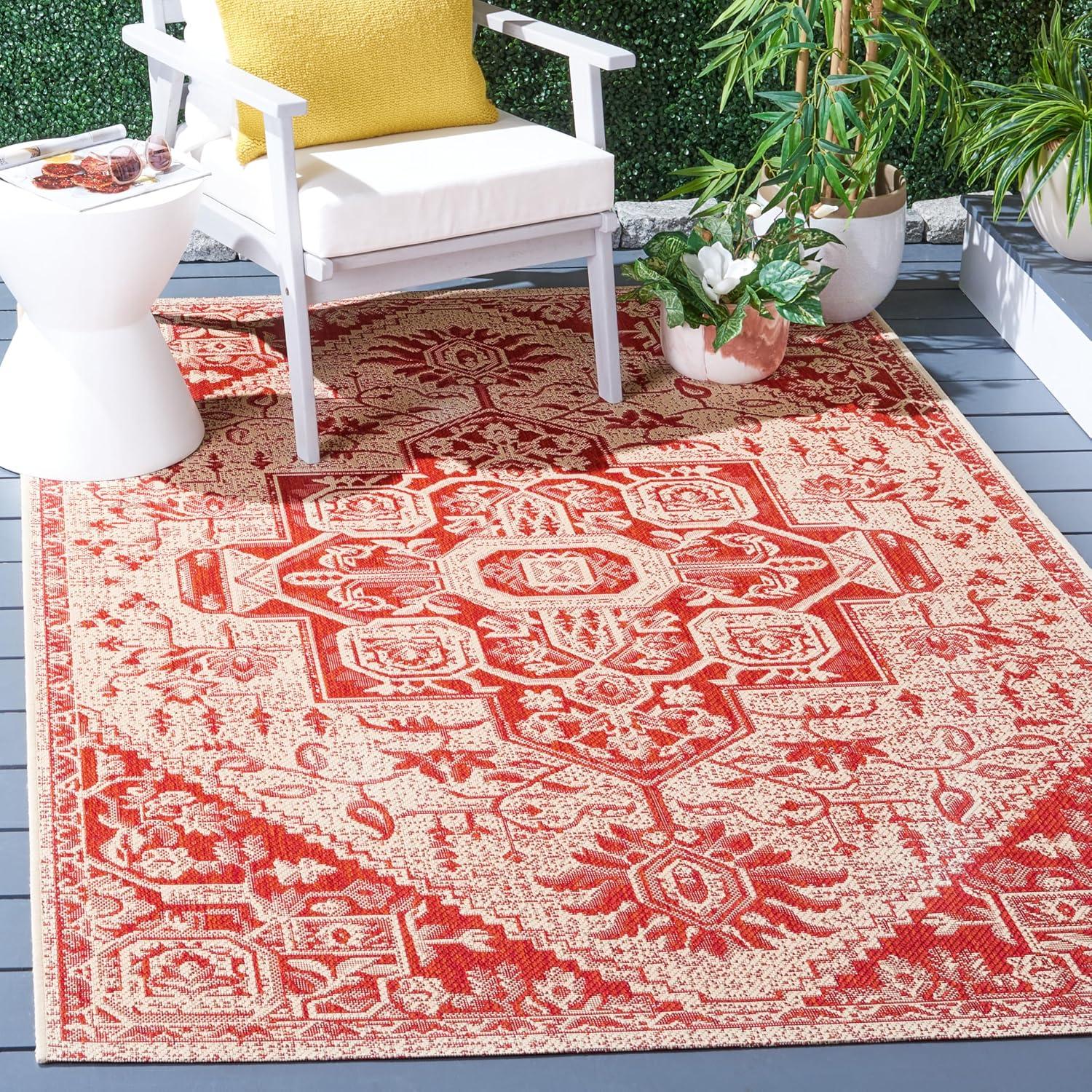 Red and Cream Geometric Synthetic Indoor/Outdoor Area Rug, 4' x 6'