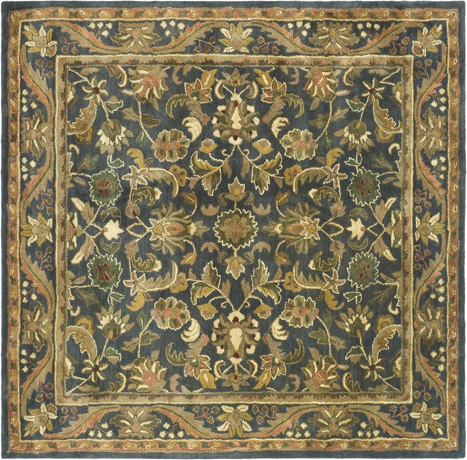 Elegant Blue and Gold Handmade Wool Square Rug, 6' x 6'