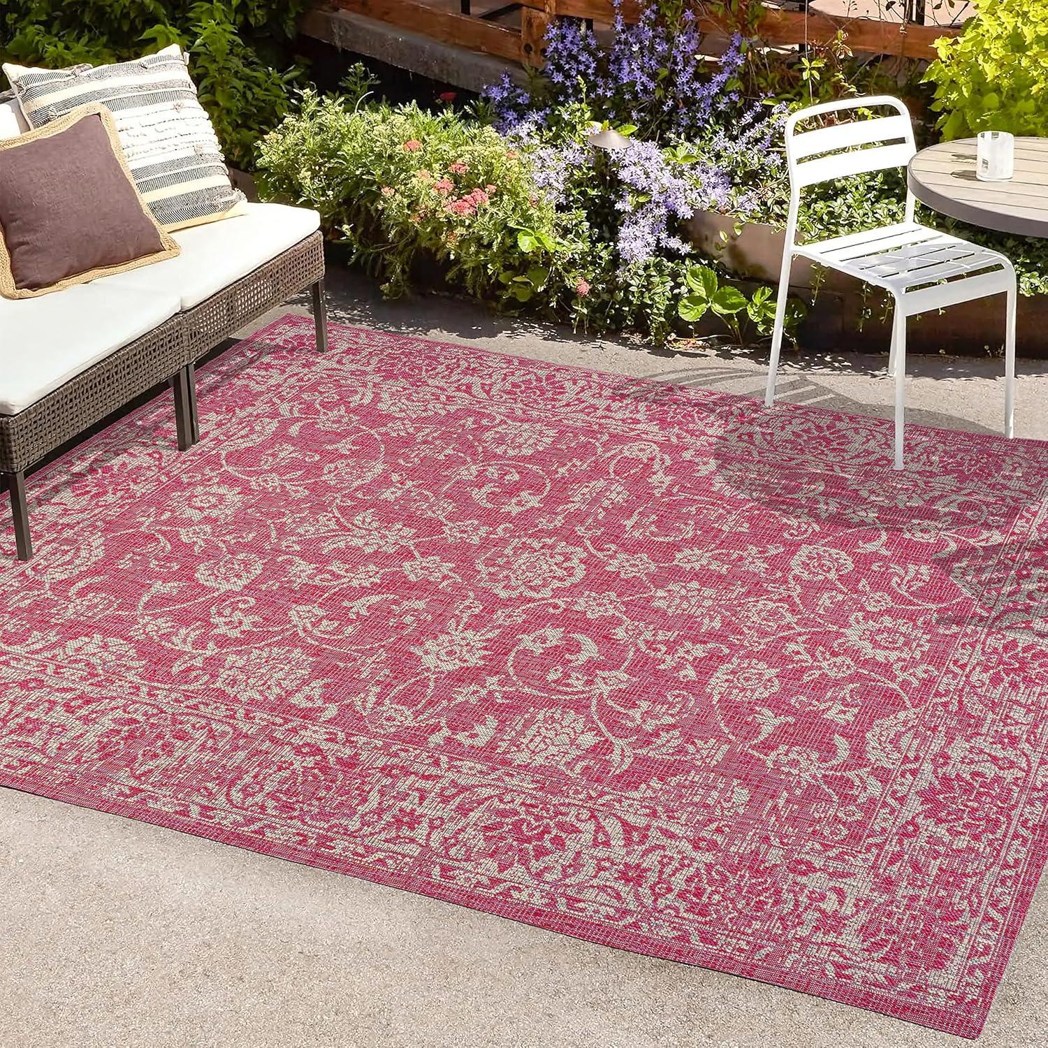 3' x 5' Tela Bohemian Textured Weave Floral Indoor/Outdoor Area Rug, Fuchsia/Light Gray - JONATHAN Y