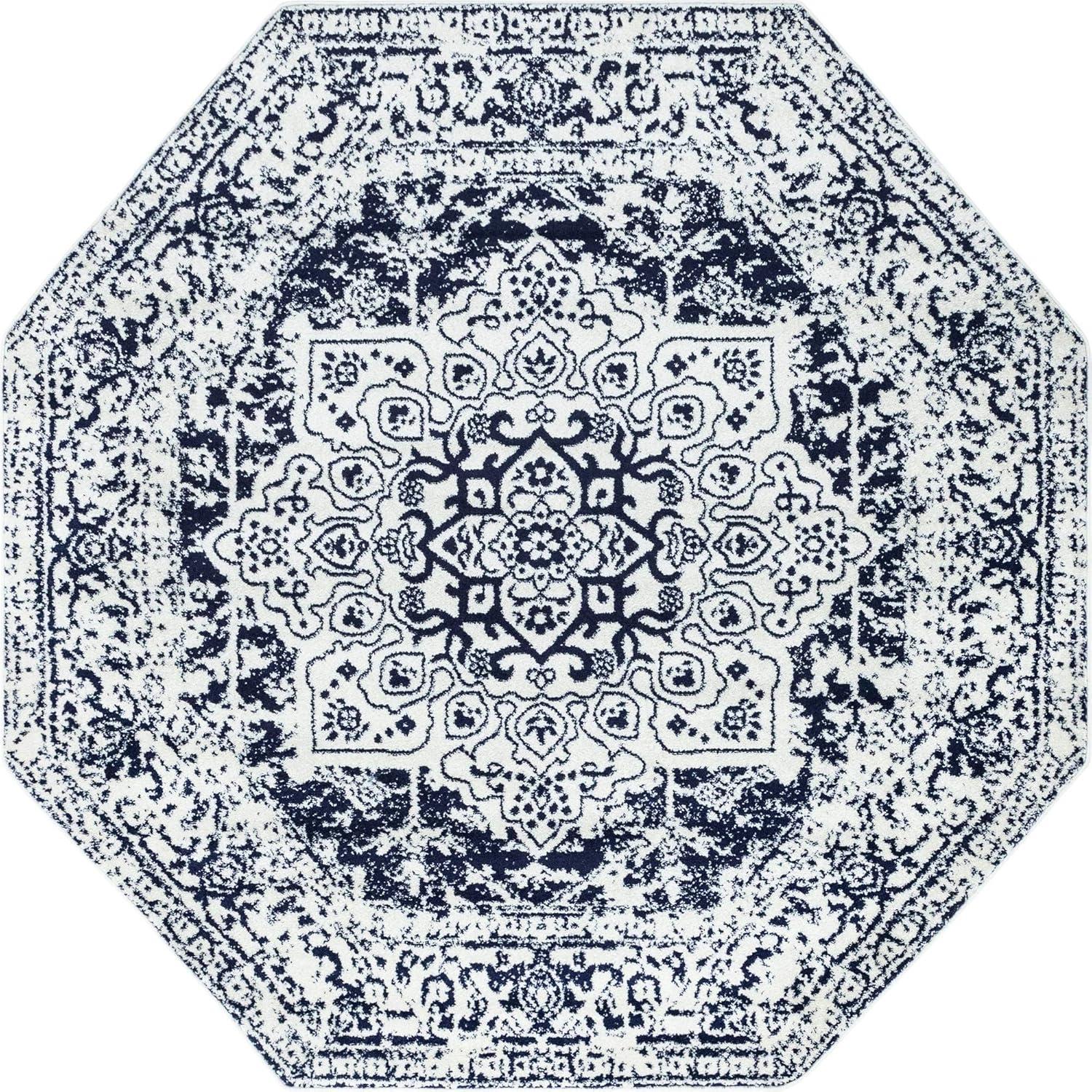 Gray Synthetic Octagon Medallion Easy Care Rug