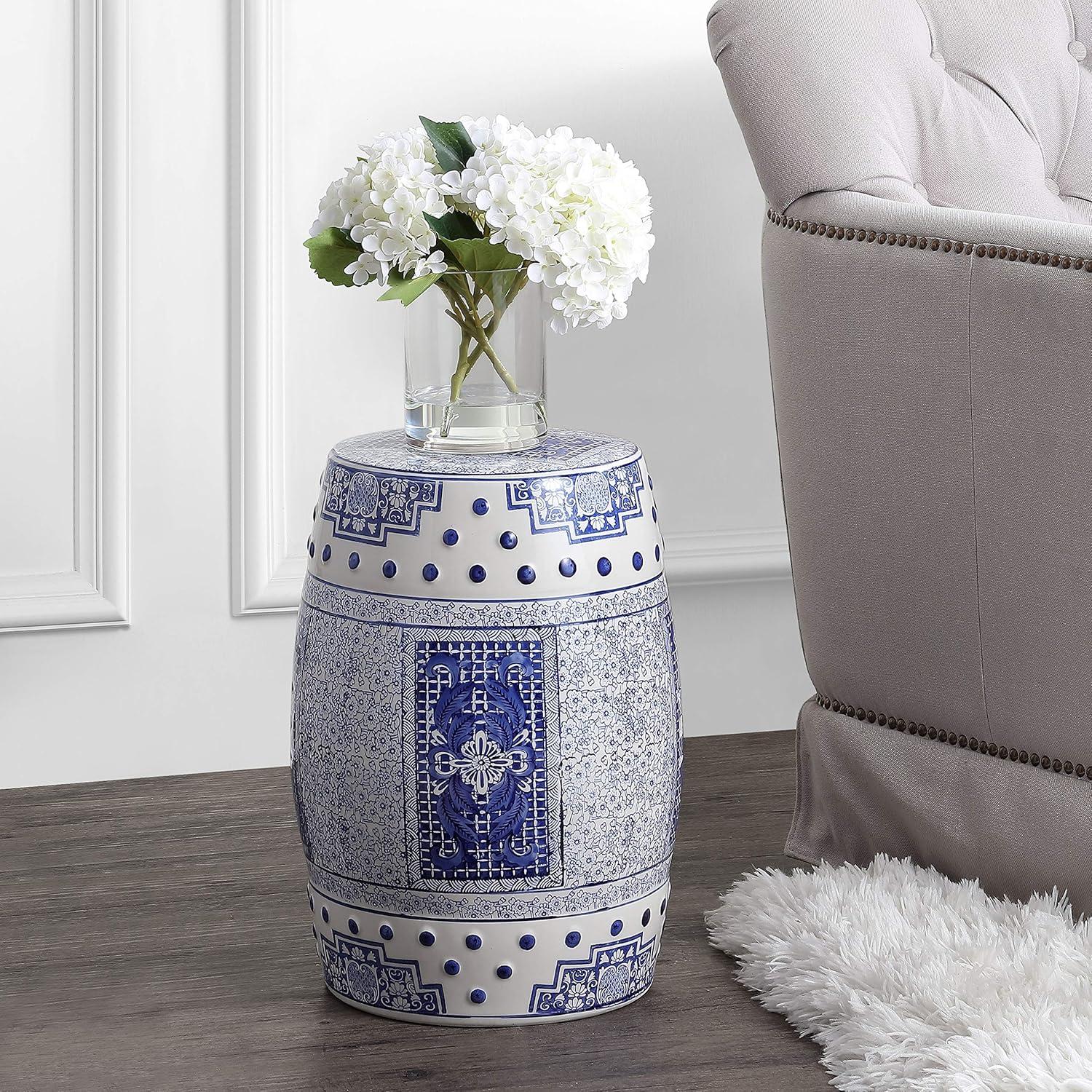 JONATHAN Y Acanthus 17.8" Chinoiserie Ceramic Drum Garden Stool, Blue/White