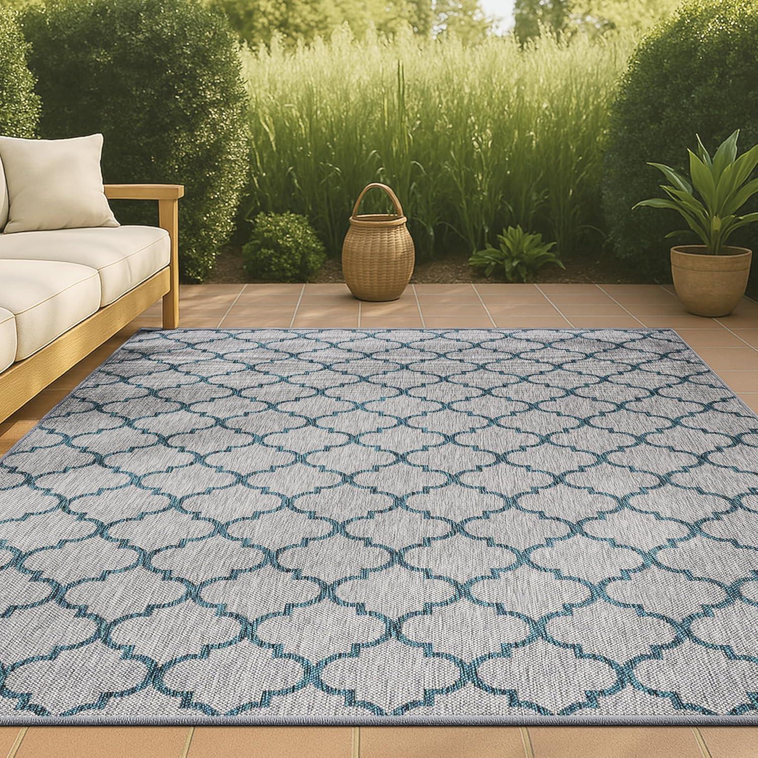 8'x10' Arabesque Ogee Trellis Indoor/Outdoor  Area Rug, Gray/Teal - JONATHAN Y