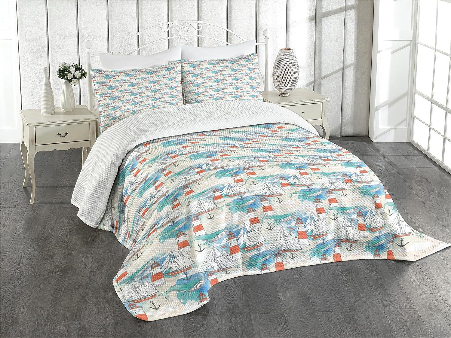 Nautical Lighthouse and Whale Queen Bedspread Set in White Polyester