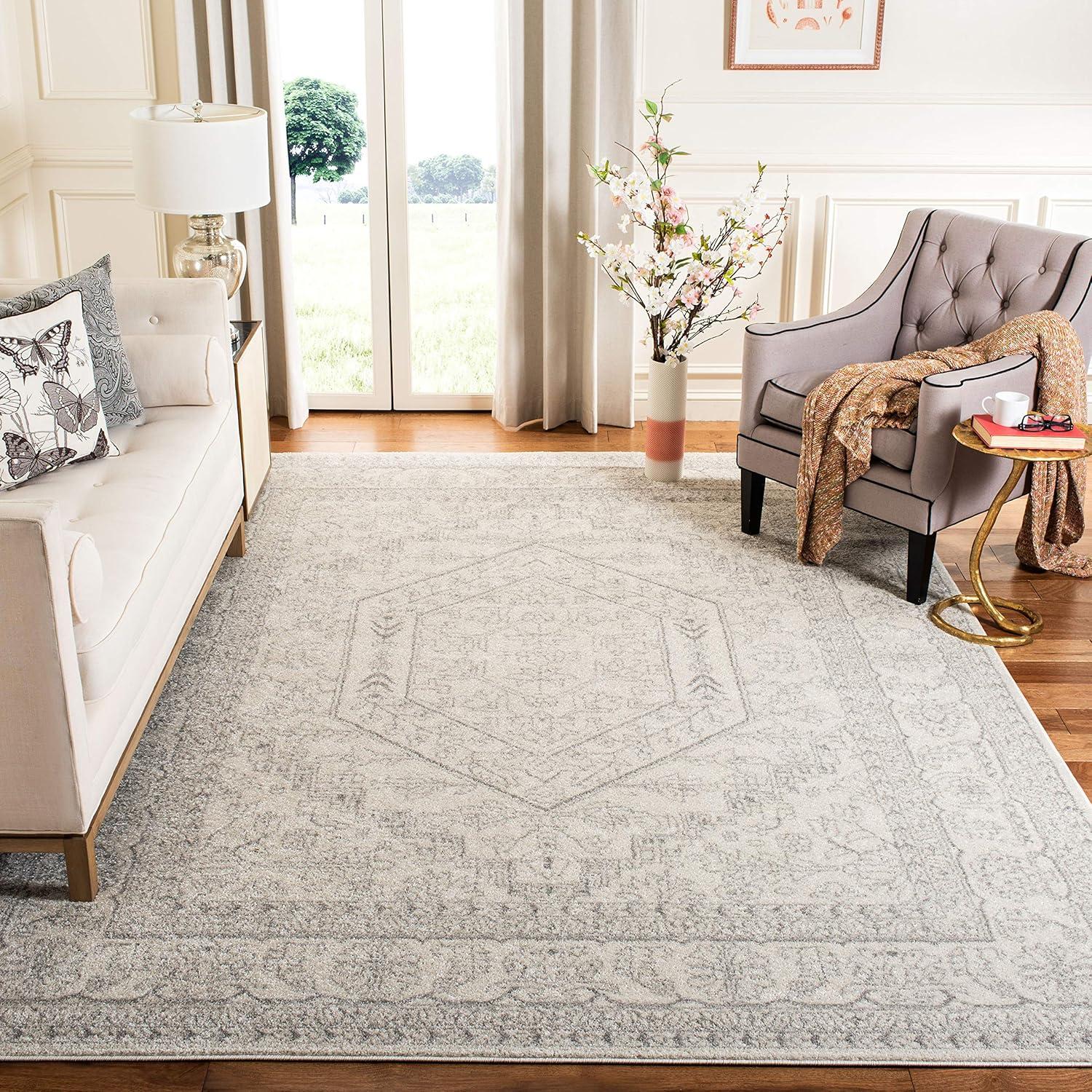 Chic Adirondack Ivory & Silver Medallion 9' x 12' Easy-Care Area Rug