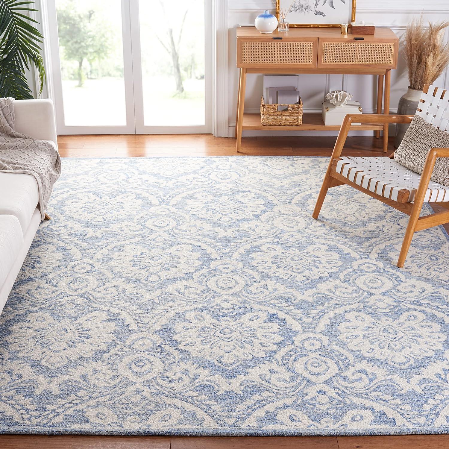 Ivory and Blue Handmade Wool Tufted Square Rug, 8' x 8'