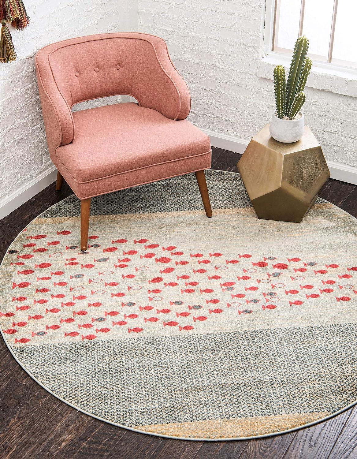 Blue and Light Blue Round Synthetic Easy Care Rug