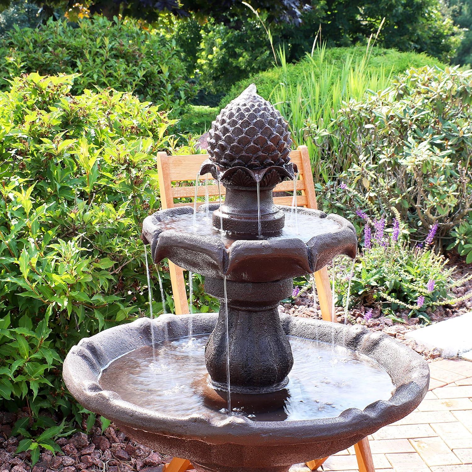 Sunnydaze Outdoor 2-Tier Pineapple Solar Powered Water Fountain with Battery Backup and Submersible Pump - 46" - Rust Finish