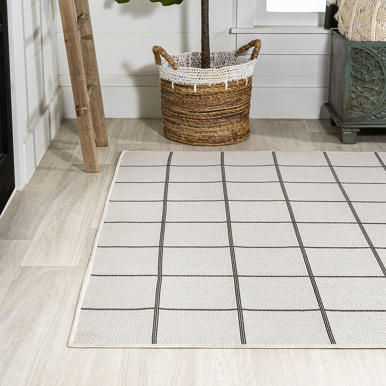 4' x 6' Grid Modern Squares Indoor/Outdoor Area Rug, Cream/Black - JONATHAN Y