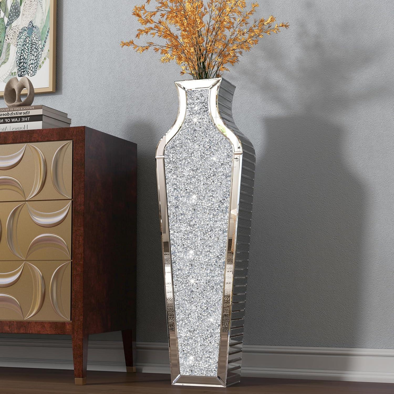 Tall Silver Mirrored Glass Floor Vase with Crushed Diamond