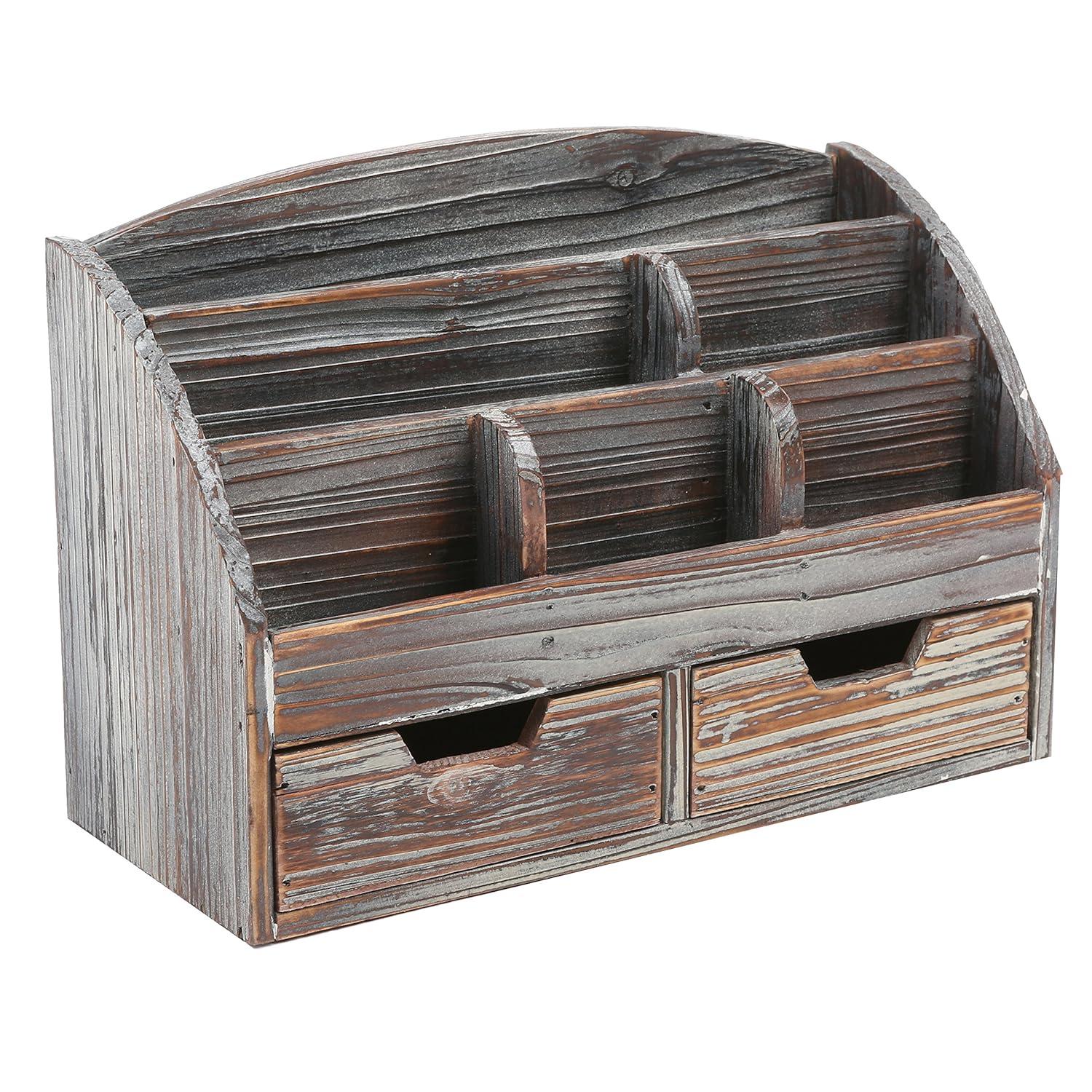 MyGift 6-Compartment Distressed Torched Wood Desk Organizer Supplies Rack