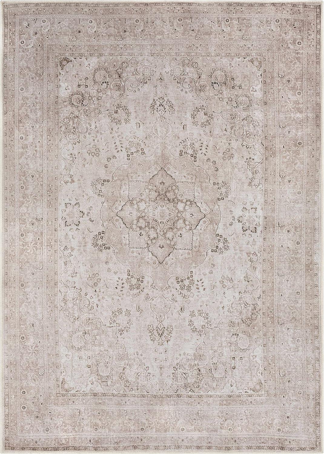 Hauteloom Bethany Traditional Medallion Living Room Bedroom Neutral Area Rug - Machine Washable - Vintage Distressed Faded - Boho Bohemian - Beige, Light Pink, Green - 7'10" x 10'2"