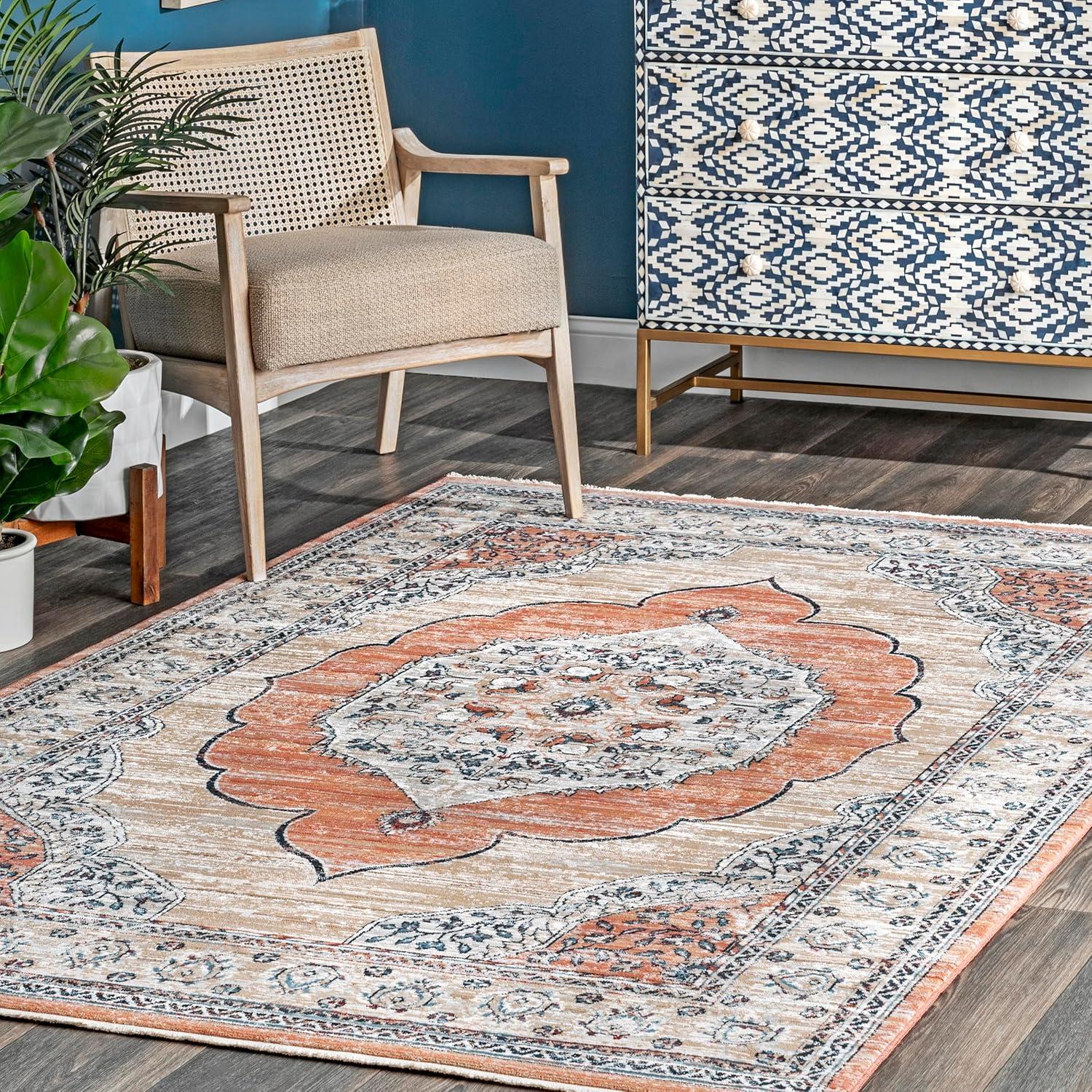 Makenna Beige and Orange Medallion 5' x 7' Area Rug