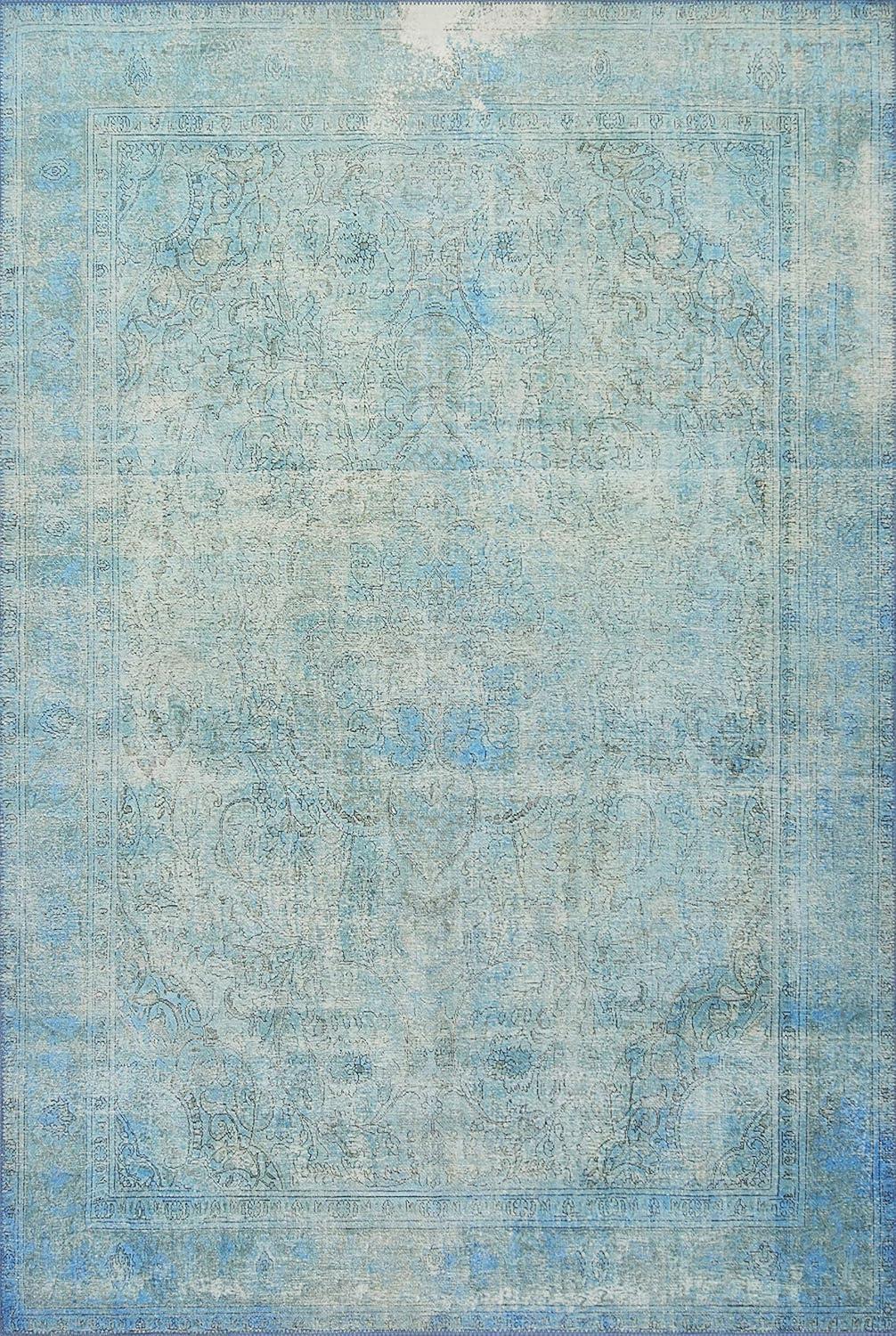 Aqua Blue Floral Motif Hand-Knotted Area Rug