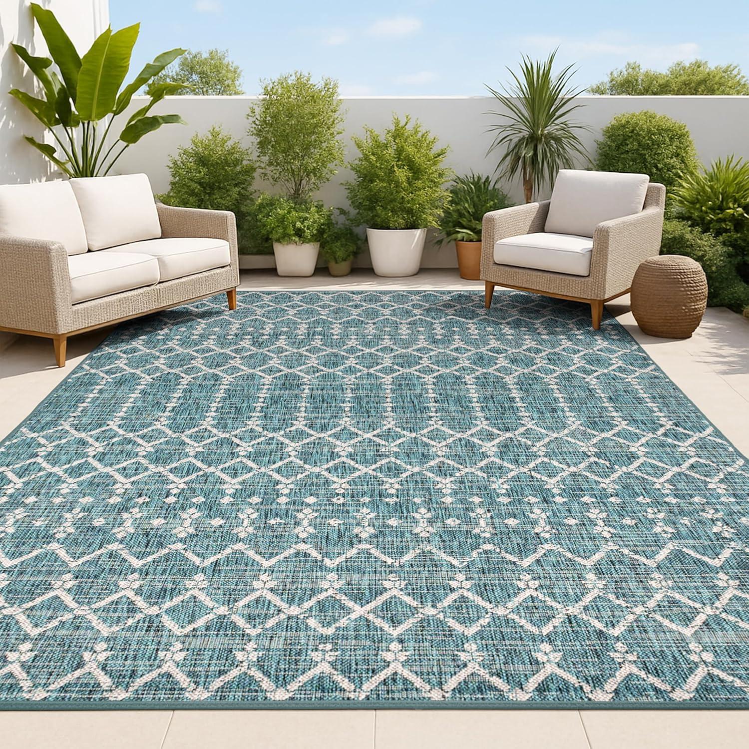 5'x8' Ourika Moroccan Geometric Textured Weave Indoor/Outdoor Area Rug, Teal/Gray - JONATHAN Y