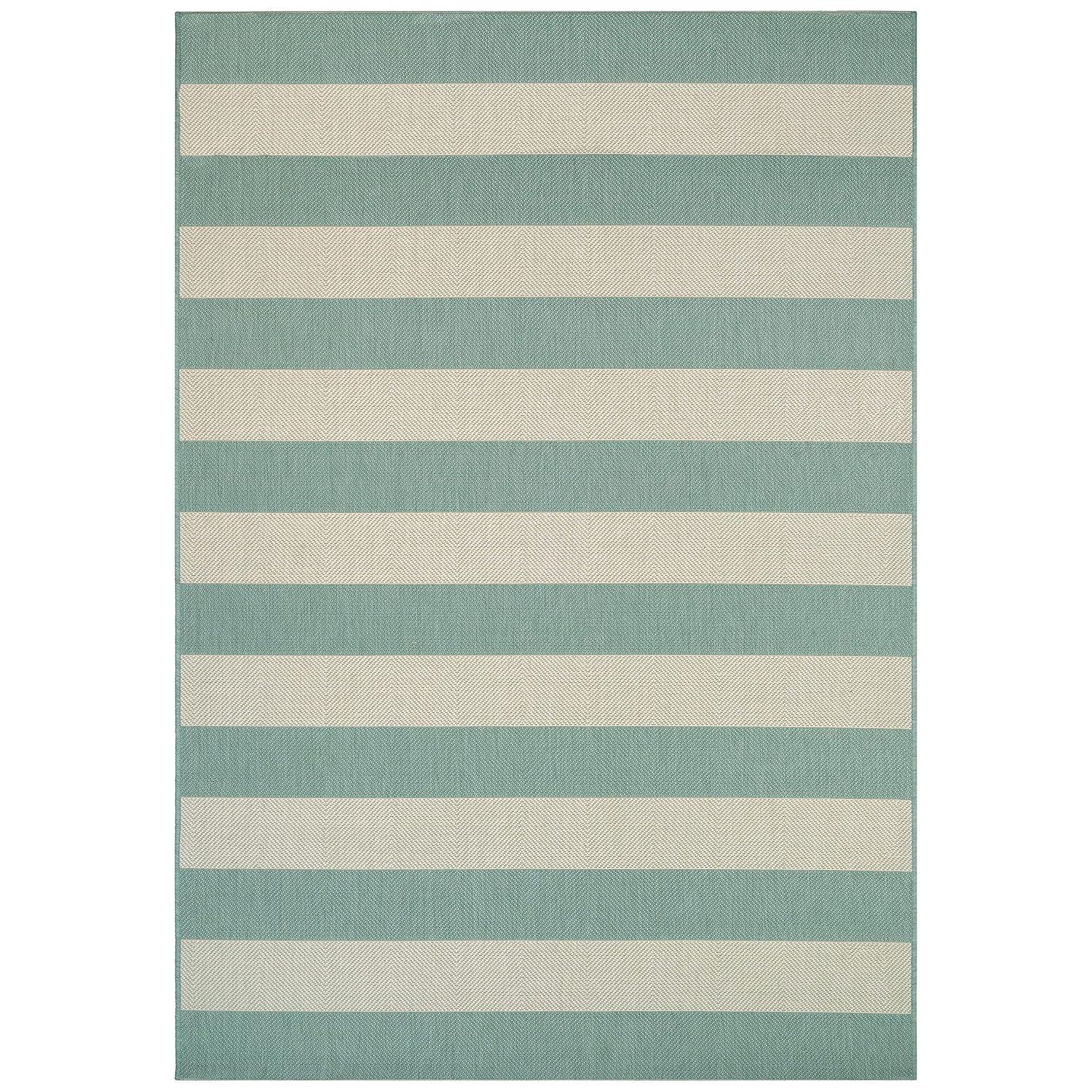 Couristan Afuera Yacht Club 5'3" x 7'6" Sea Mist Green and Ivory Stripe Outdoor Rectangle Rug