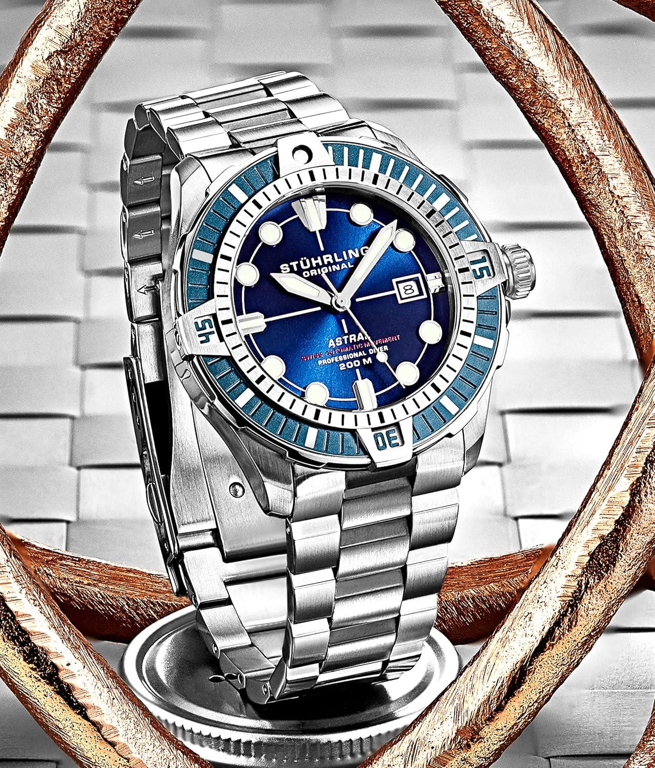 Stuhrling Mens Dive Watch with Swiss Automatic Movement Stainless Steel Case and Bracelet Screw Down Crown Water Resistant to 200 Meters