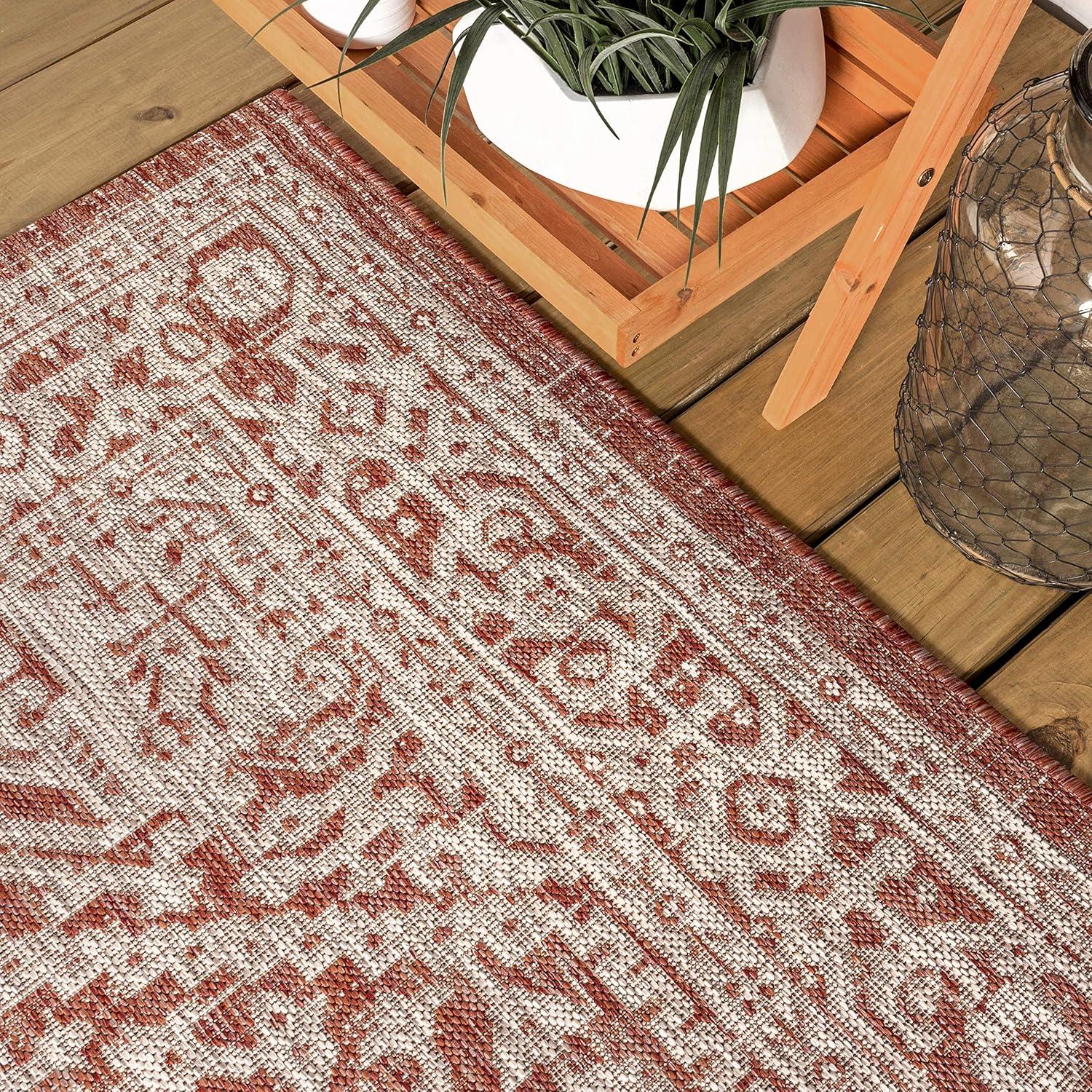 5' Square Sinjuri Medallion Textured Weave Indoor/Outdoor Area Rug, Red/Taupe - JONATHAN Y