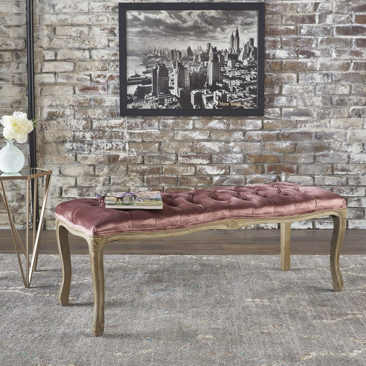 Blush Velvet Tufted Bench with Natural Rubberwood Legs