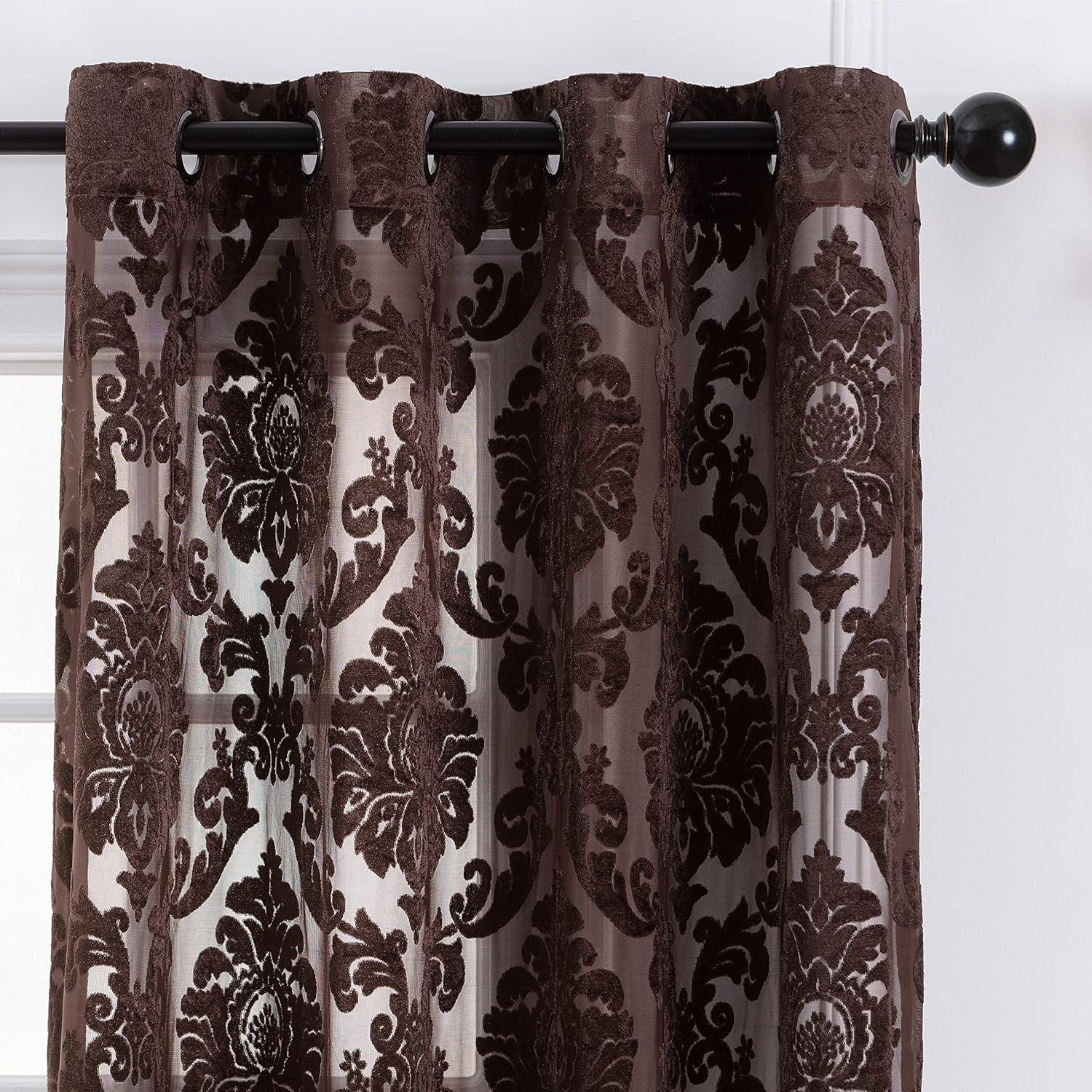 Chanasya 2pk Devore Damask Sheer Grommet Window Curtain Panels - Set of 2 - 52 x 108 Inches Long - Mocha